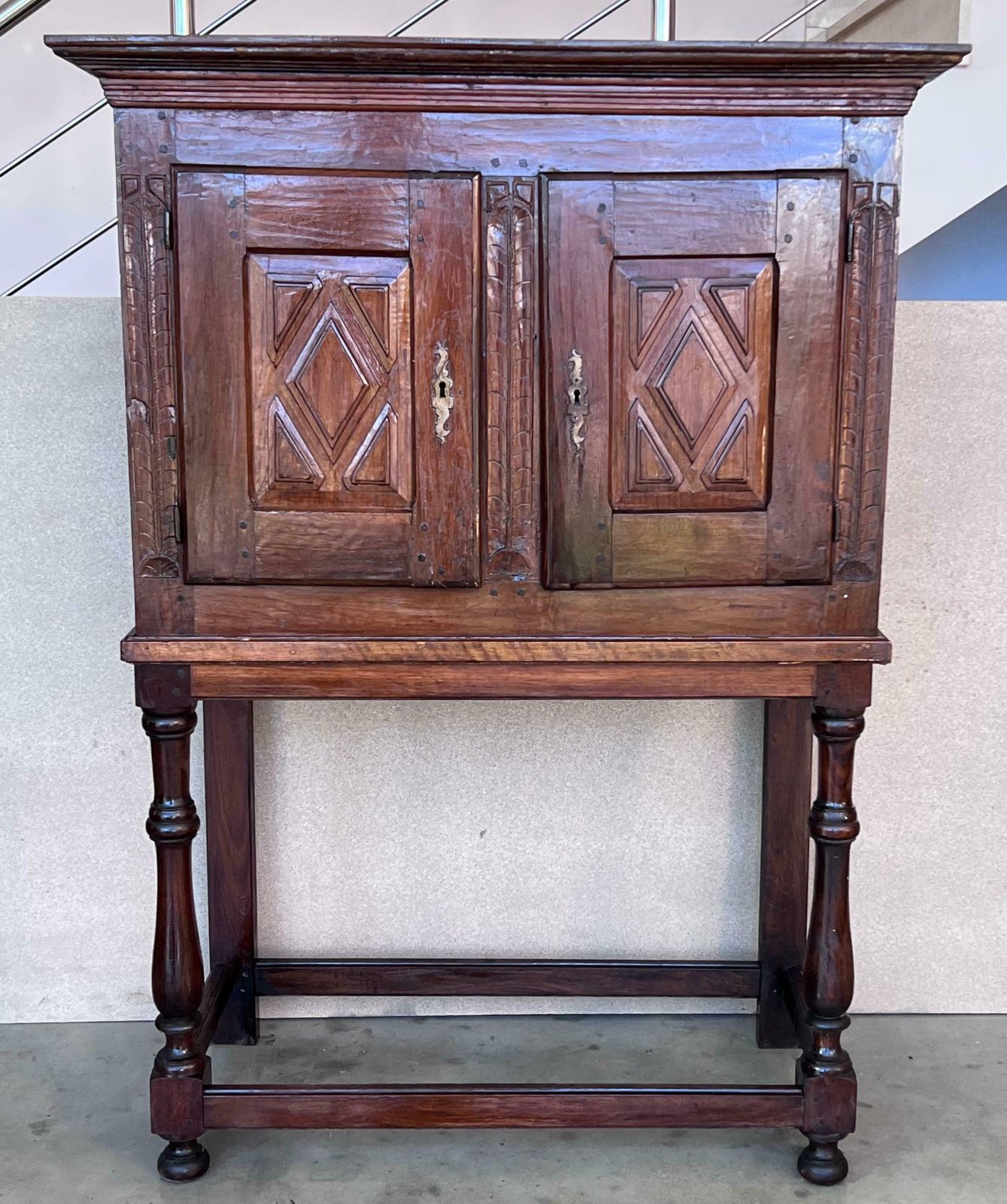 19th Catalan Spanish Cabinet On Stand In Carved Walnut And Iron Stretcher photo furniture