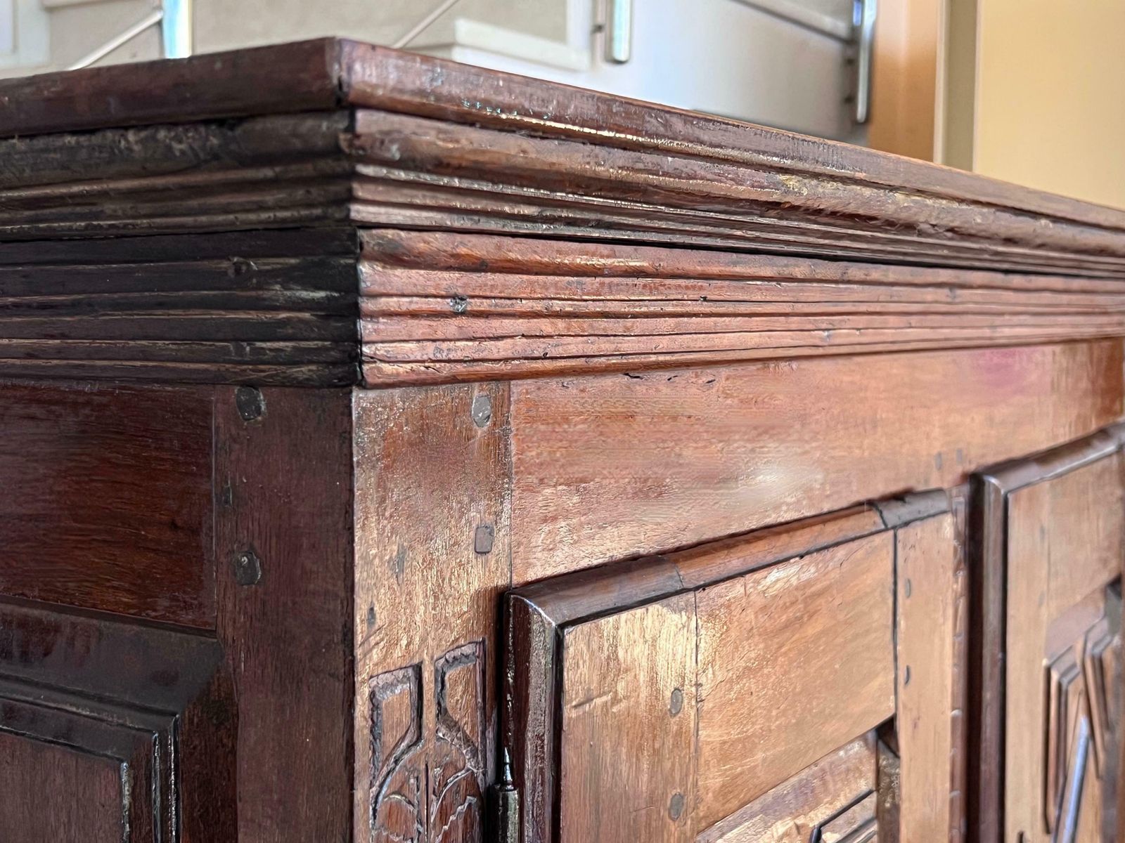 Furniture 19th Catalan Spanish Cabinet On Stand In Carved Walnut And Iron Stretcher photo