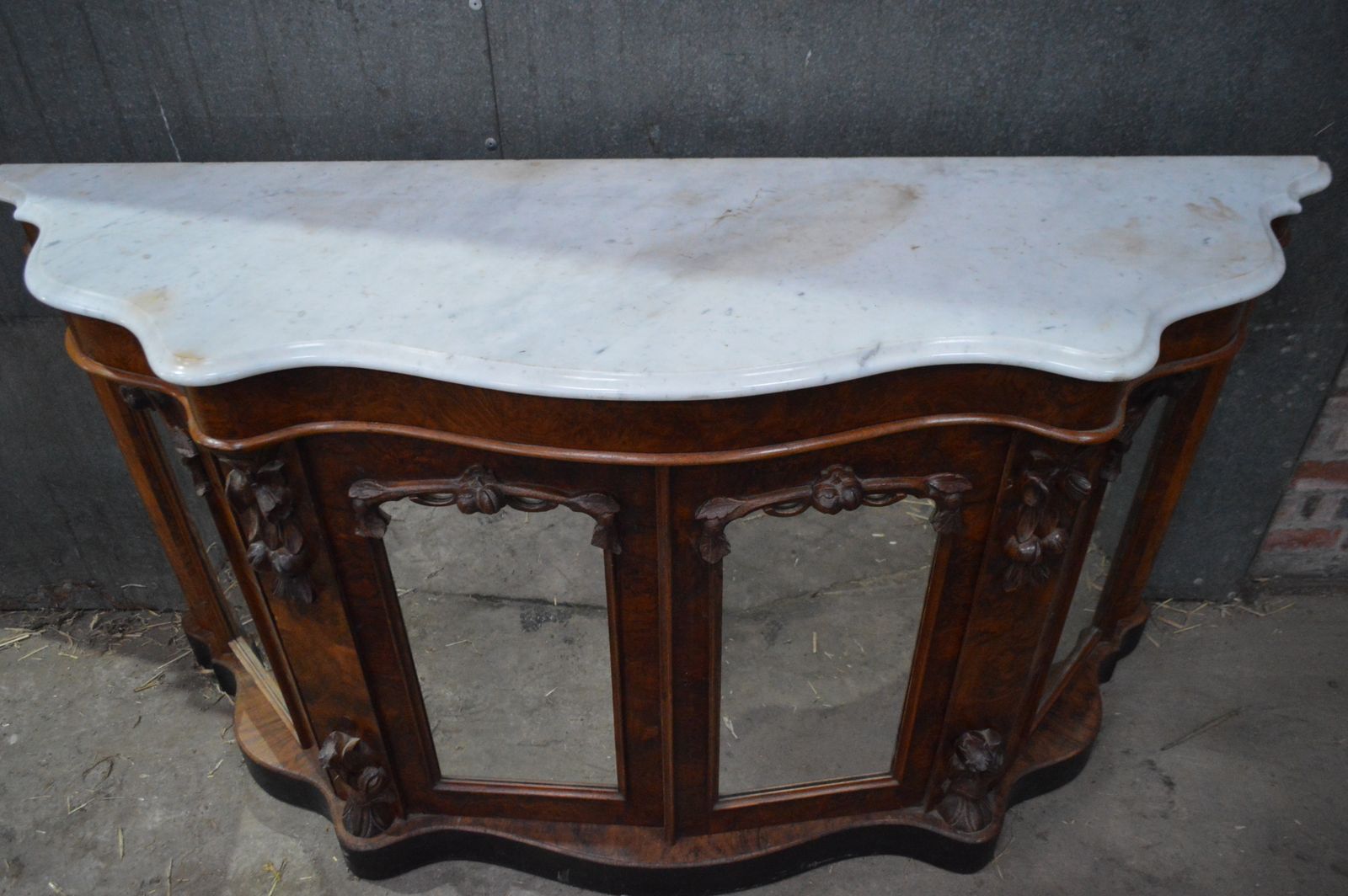 A Serpentine Victorian Burr Walnut Four Door Credenza photo furniture