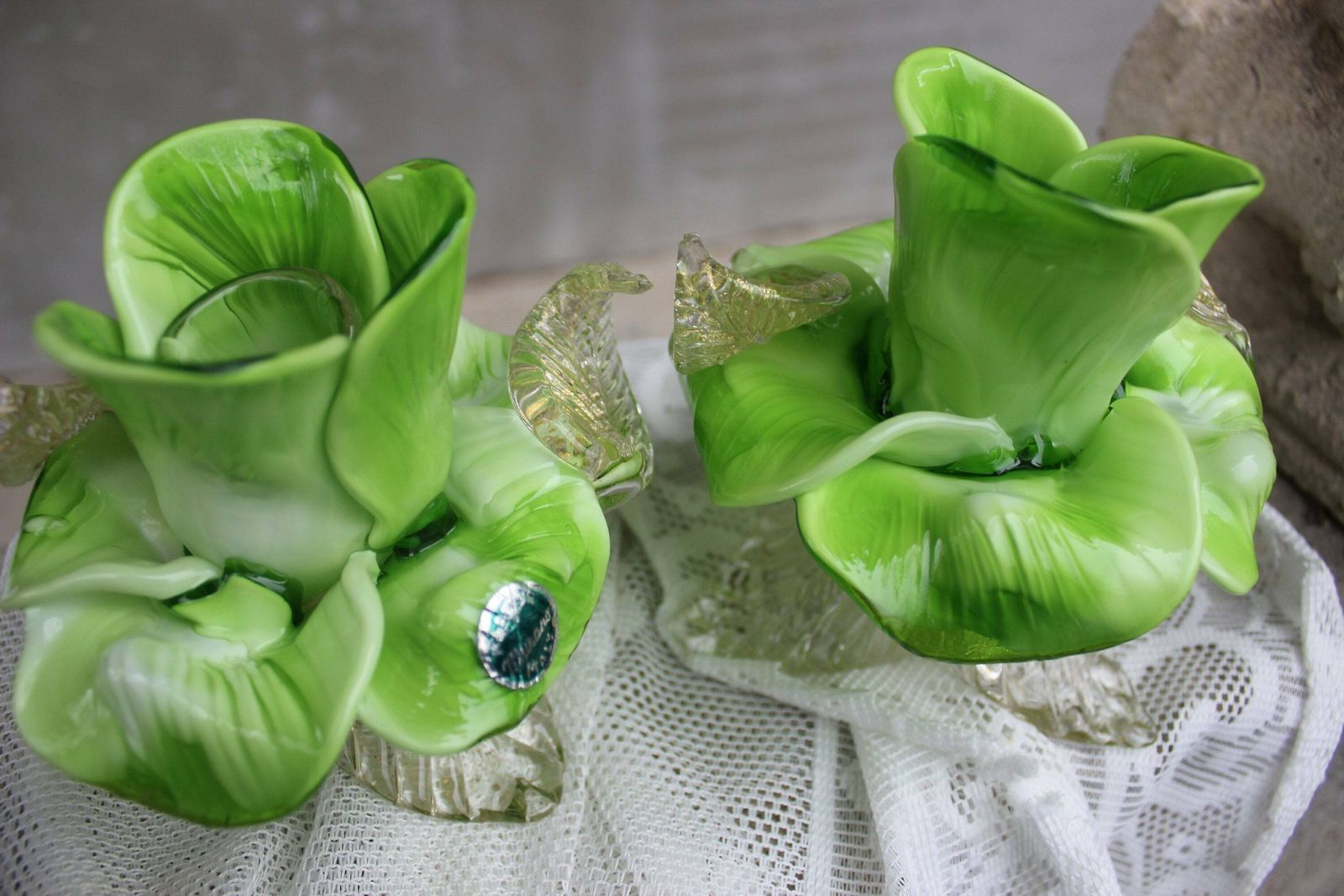 Perfect Set Of Candleholders, Green Italian Murano Glass And Gold Flake In Flower Shape, Green Home Accent, Collectible Art Glass