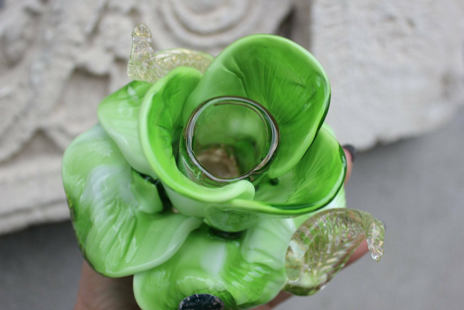 Perfect Set Of Candleholders, Green Italian Murano Glass And Gold Flake In Flower Shape, Green Home Accent, Collectible Art Glass photo vinterior