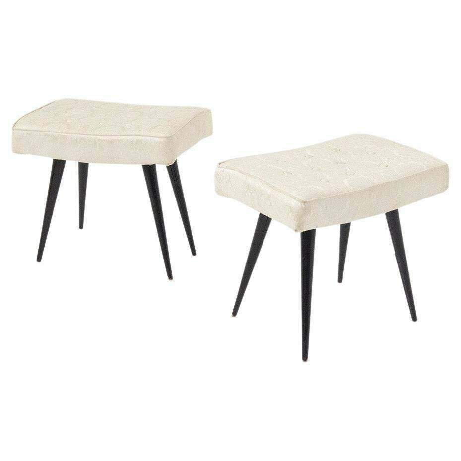 Italian Mid Century Stools In Wood And Brocade