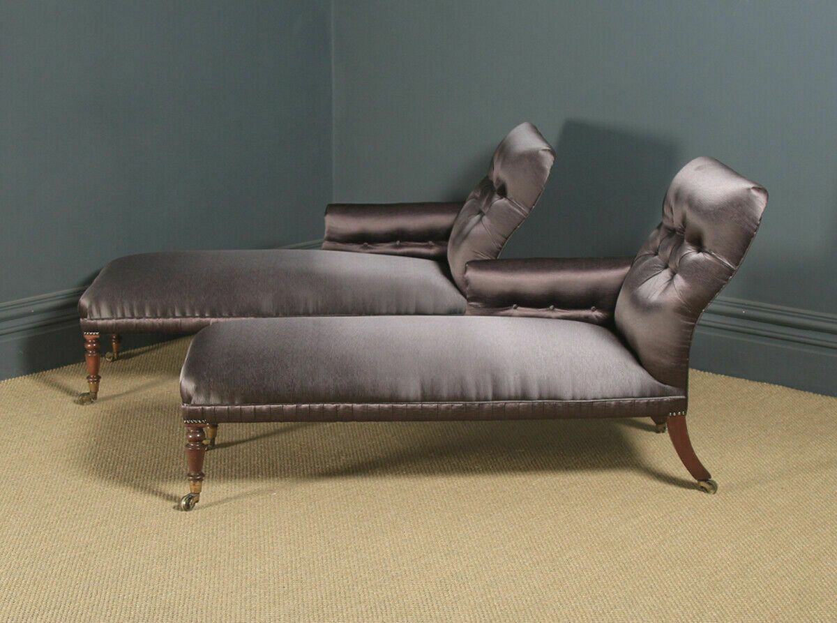 Antique English Matched Pair Of Regency Mahogany Upholstered Chaise Longues Day Beds (C.1825) photo furniture