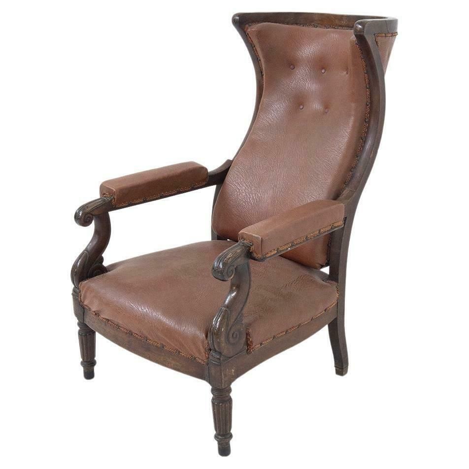French Antique Armchair In Original Wood And Leather