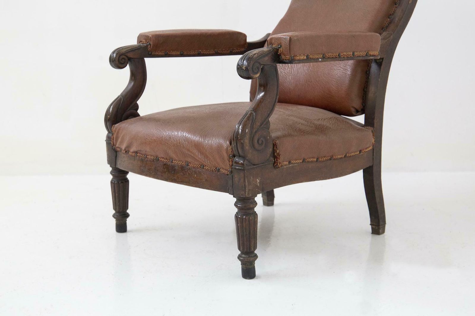 French Antique Armchair In Original Wood And Leather photo vintage