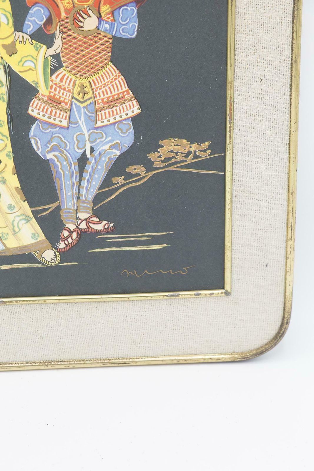Antique Japanese Jute And Brass Painting ''First Date'' photo for sale