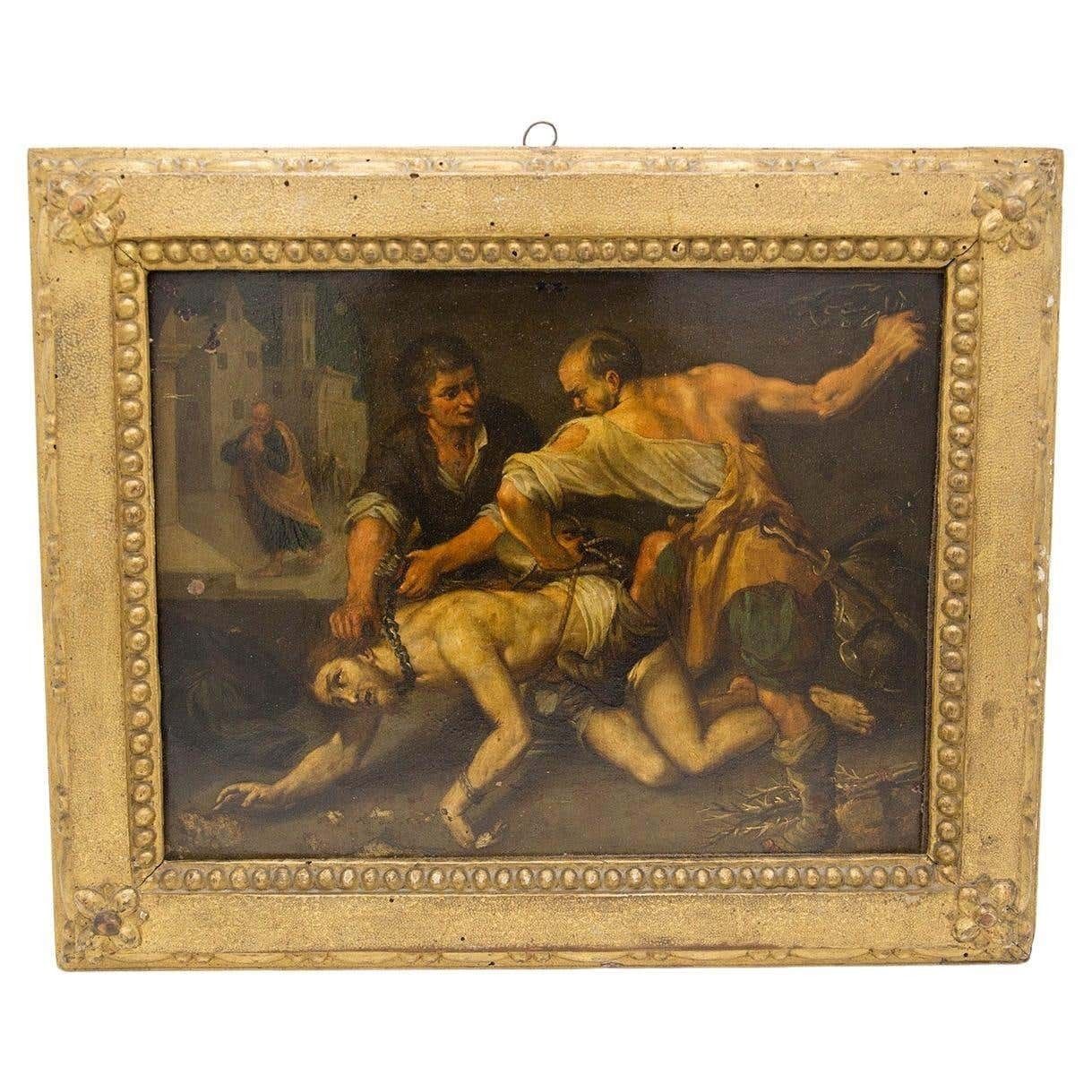 Caravaggesque Oil On Copper "Flagellation Of Christ" Baroque Sicilian, 17th Cent