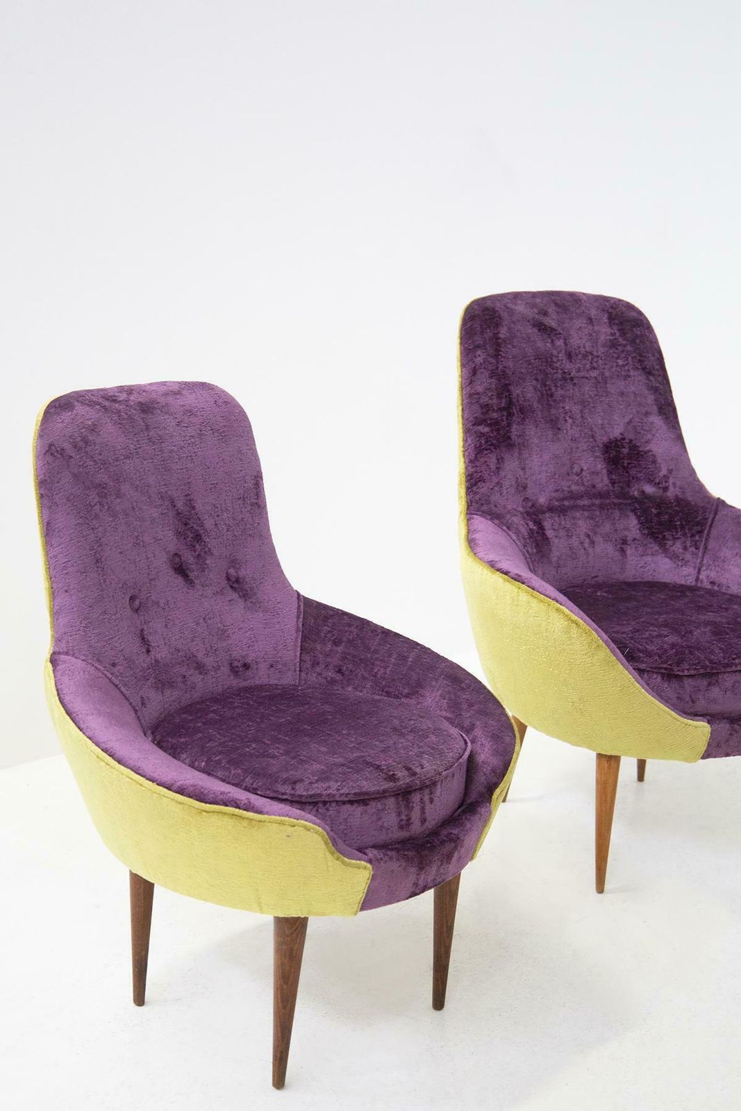 Small Vintage Wooden Armchairs In Velvet Purple And Green With Pouffe photo 3800.0