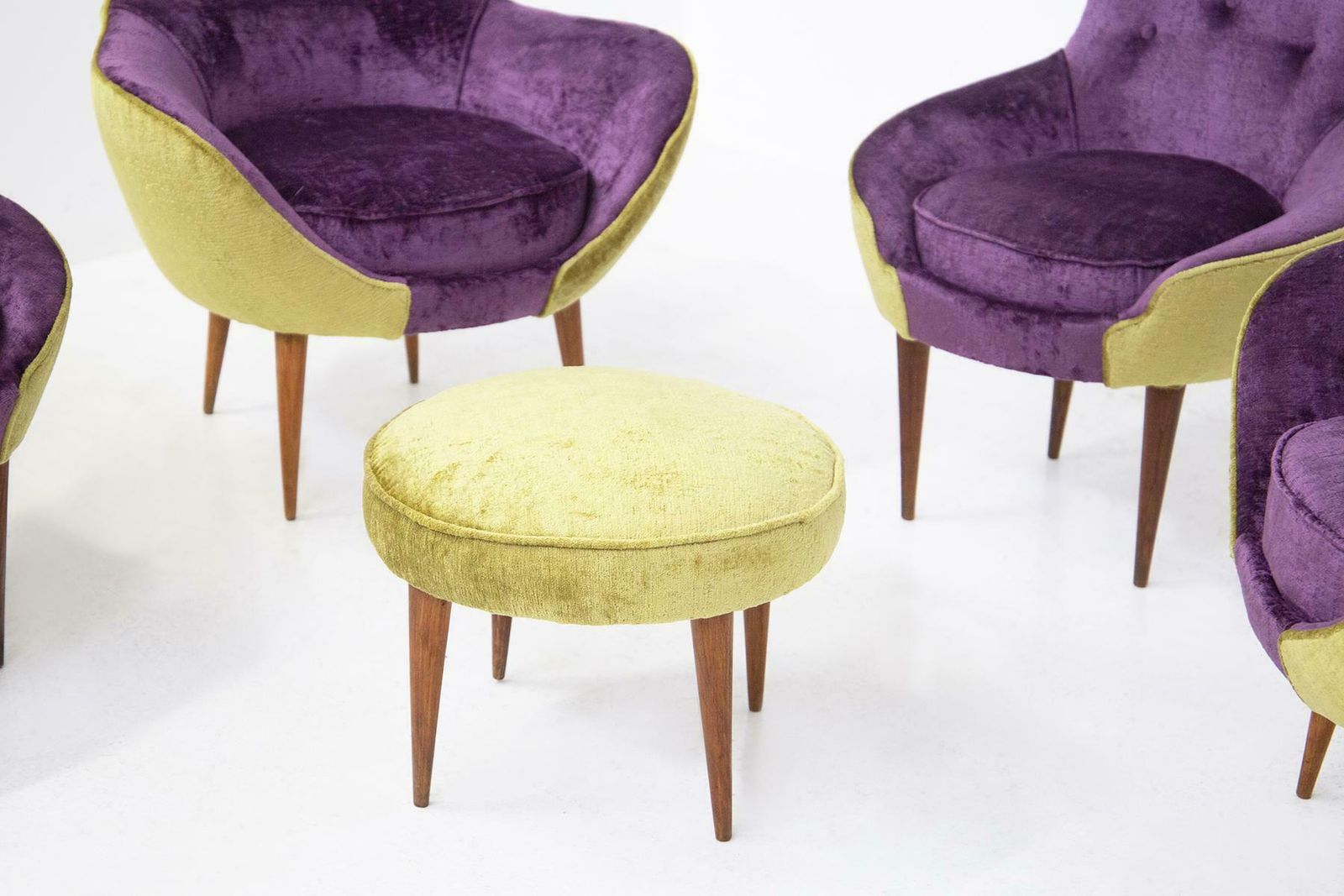 Small Vintage Wooden Armchairs In Velvet Purple And Green With Pouffe photo vinterior