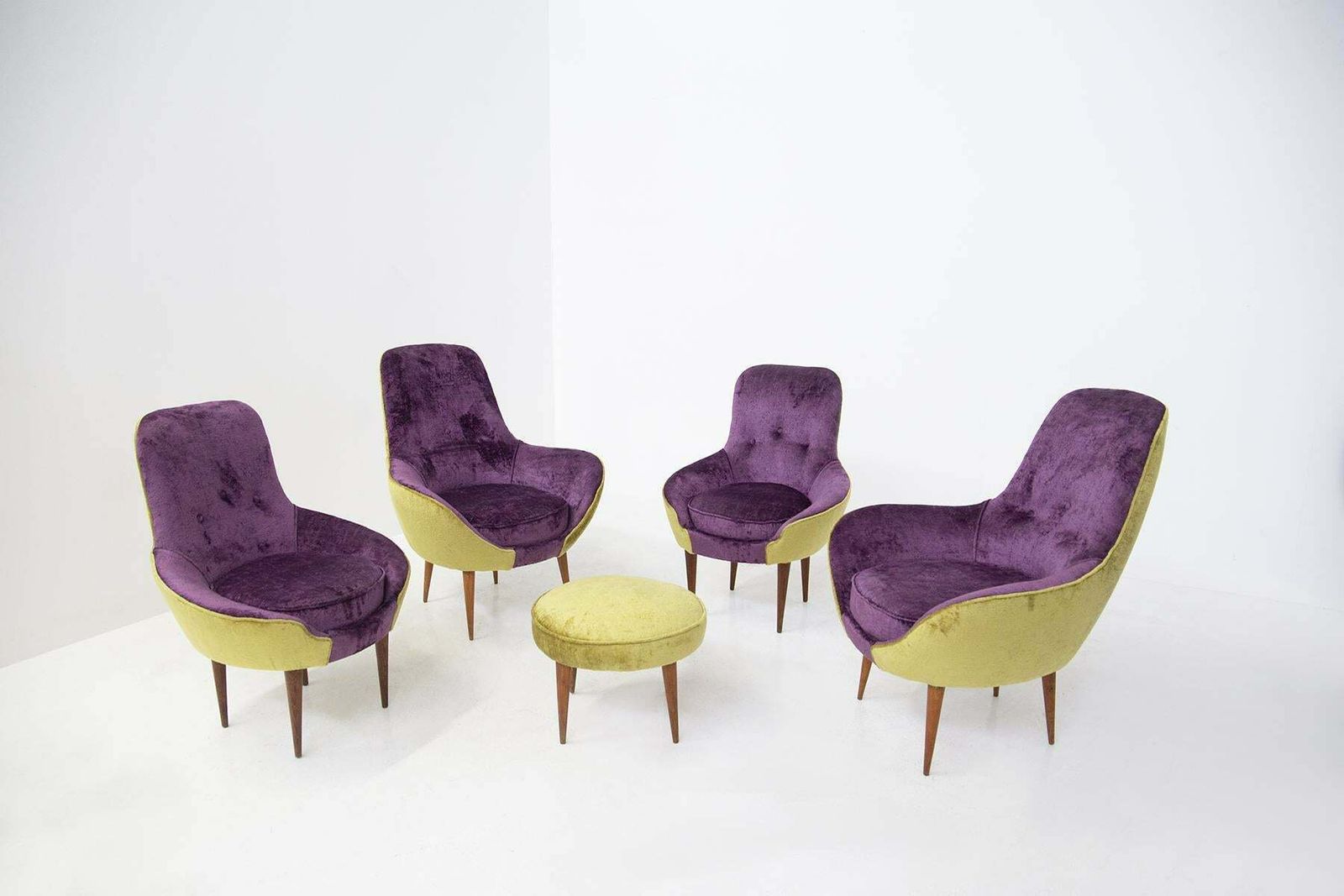 photo buy Small Vintage Wooden Armchairs In Velvet Purple And Green With Pouffe