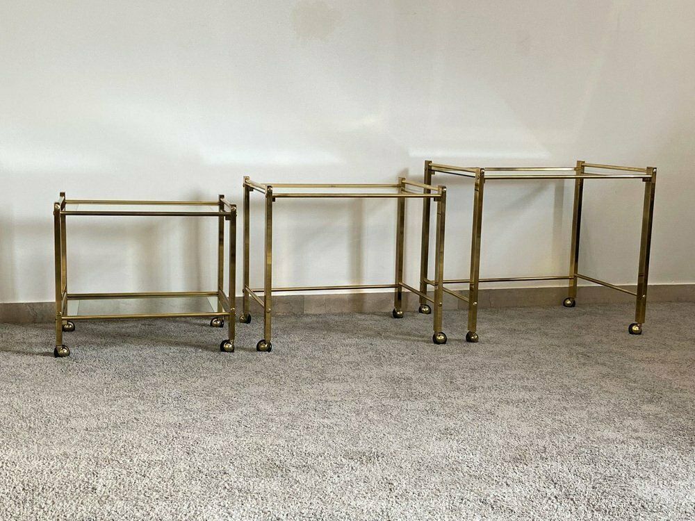 Italian Nesting Tables In Brass And Glass 1970 Set Of 3