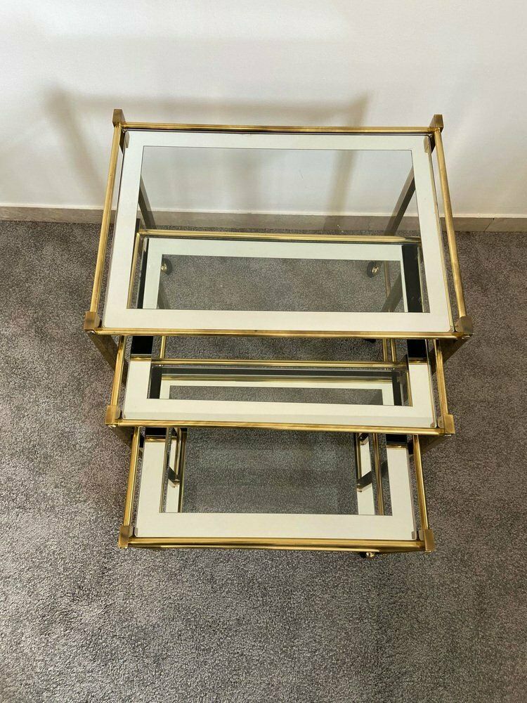 Italian Nesting Tables In Brass And Glass 1970 Set Of 3 photo vinterior