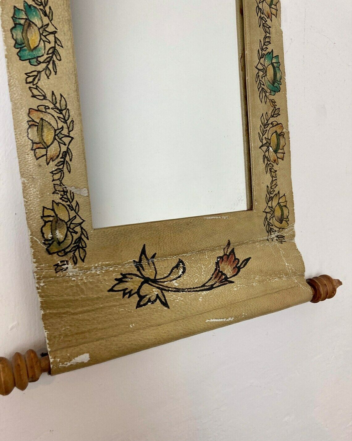 Mid 20th Century Leather Scroll Mirror Indian Indonesian Hand Painted Wall Art photo vinterior