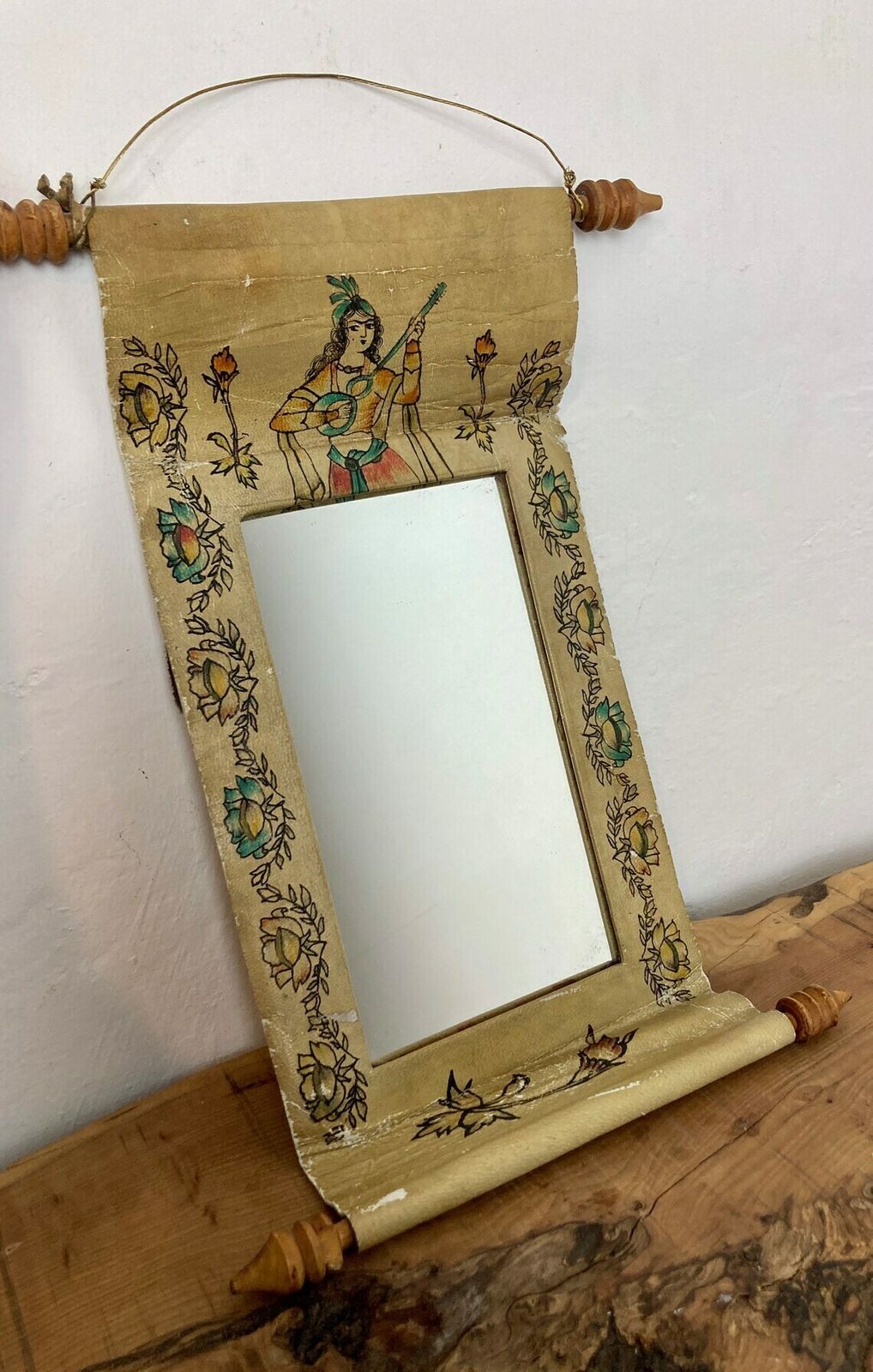 Mid 20th Century Leather Scroll Mirror Indian Indonesian Hand Painted Wall Art photo vintage