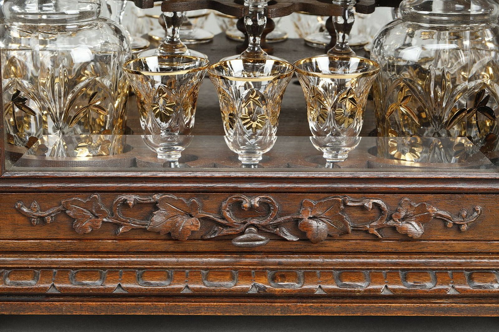 Liqueur Cellar In Carved Wood "Black Forest" And Crystal, Late 19th Century photo vintage