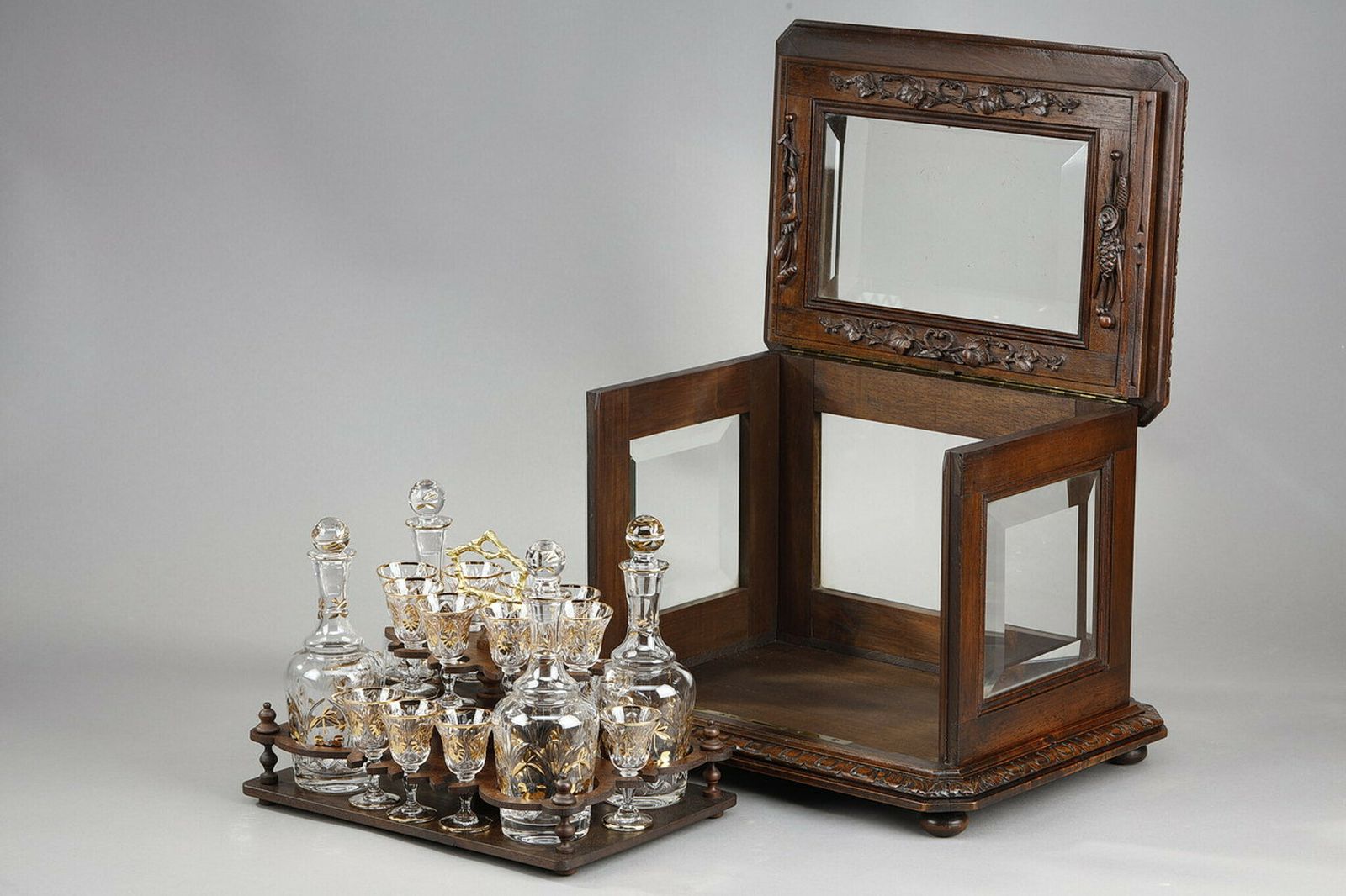 Home Decor Liqueur Cellar In Carved Wood "Black Forest" And Crystal, Late 19th Century photo