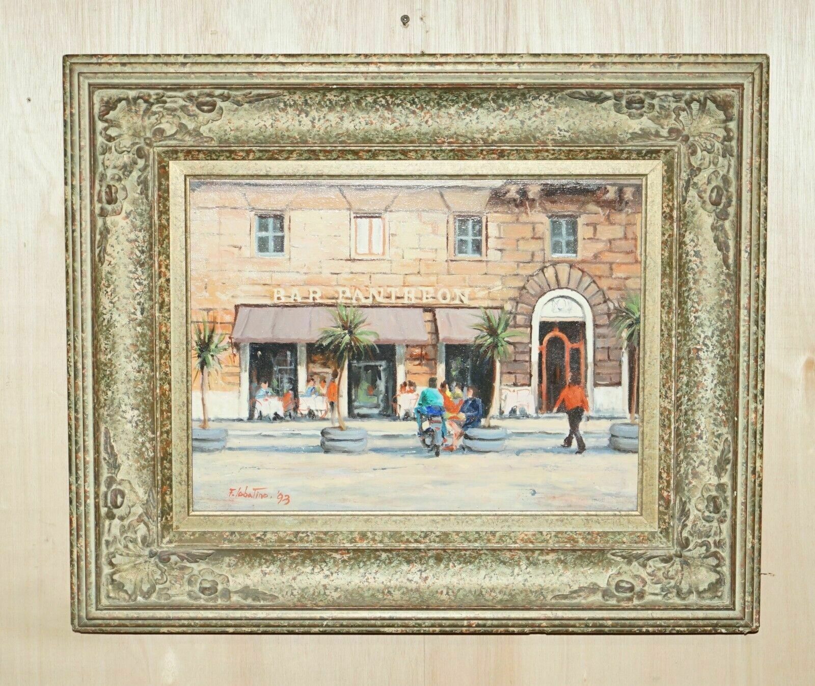 F.Labatino Signed Bar Pantheon Pizza Della Rotonda Oil Painting In Lovely Frame