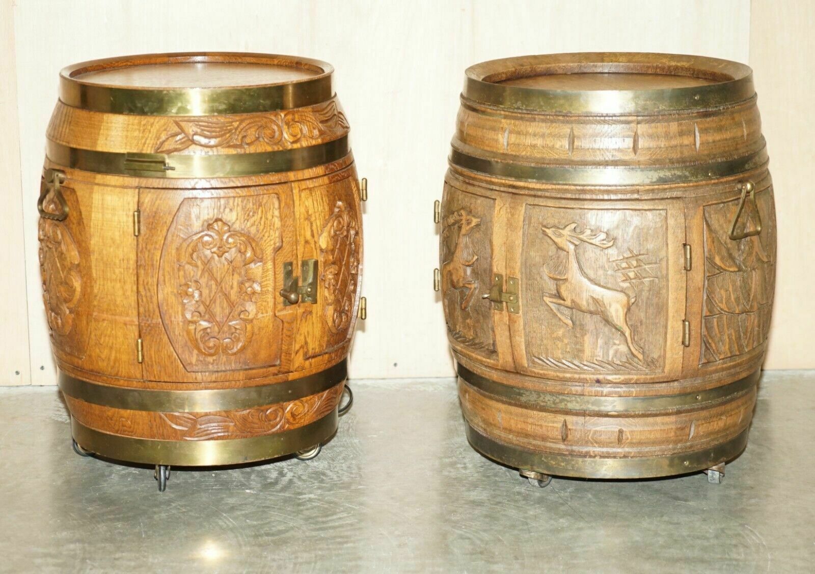 Pair Of Antique Carved Side Table Sized Barrels Made Into Bars / Drinks Holders