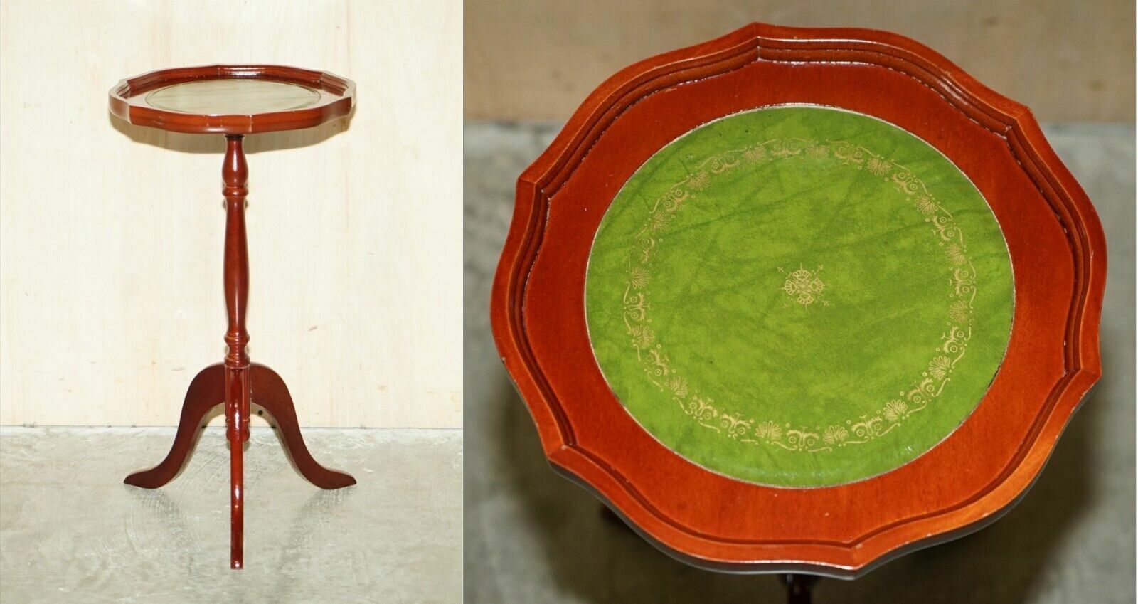 Large Vintage Beech Pie Crust Edge Green Leather Tripod Side End Lamp Wine Table