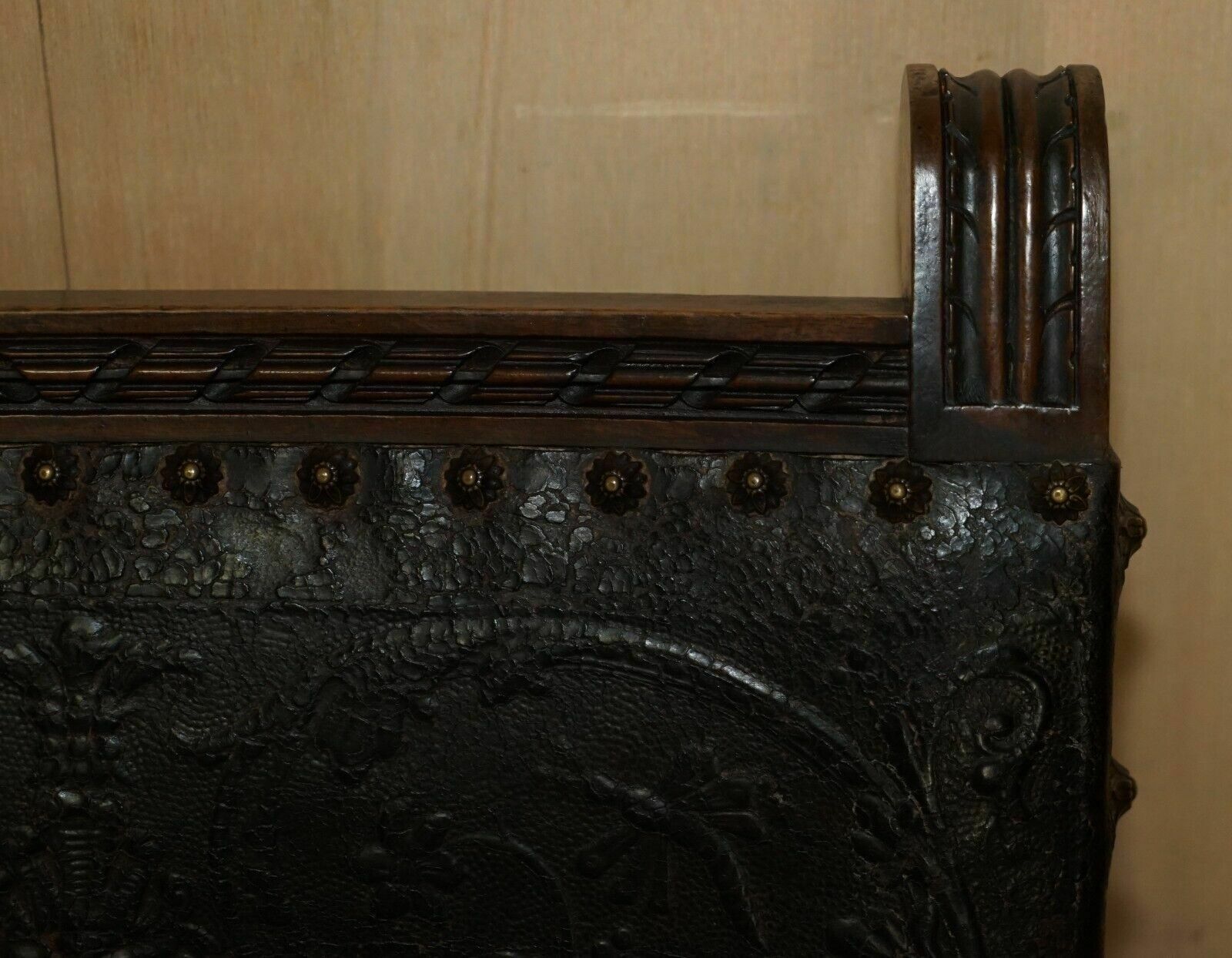 Fine Set Of Six Henry II Circa 1880 French Oak & Embossed Leather Dining Chairs photo vinterior