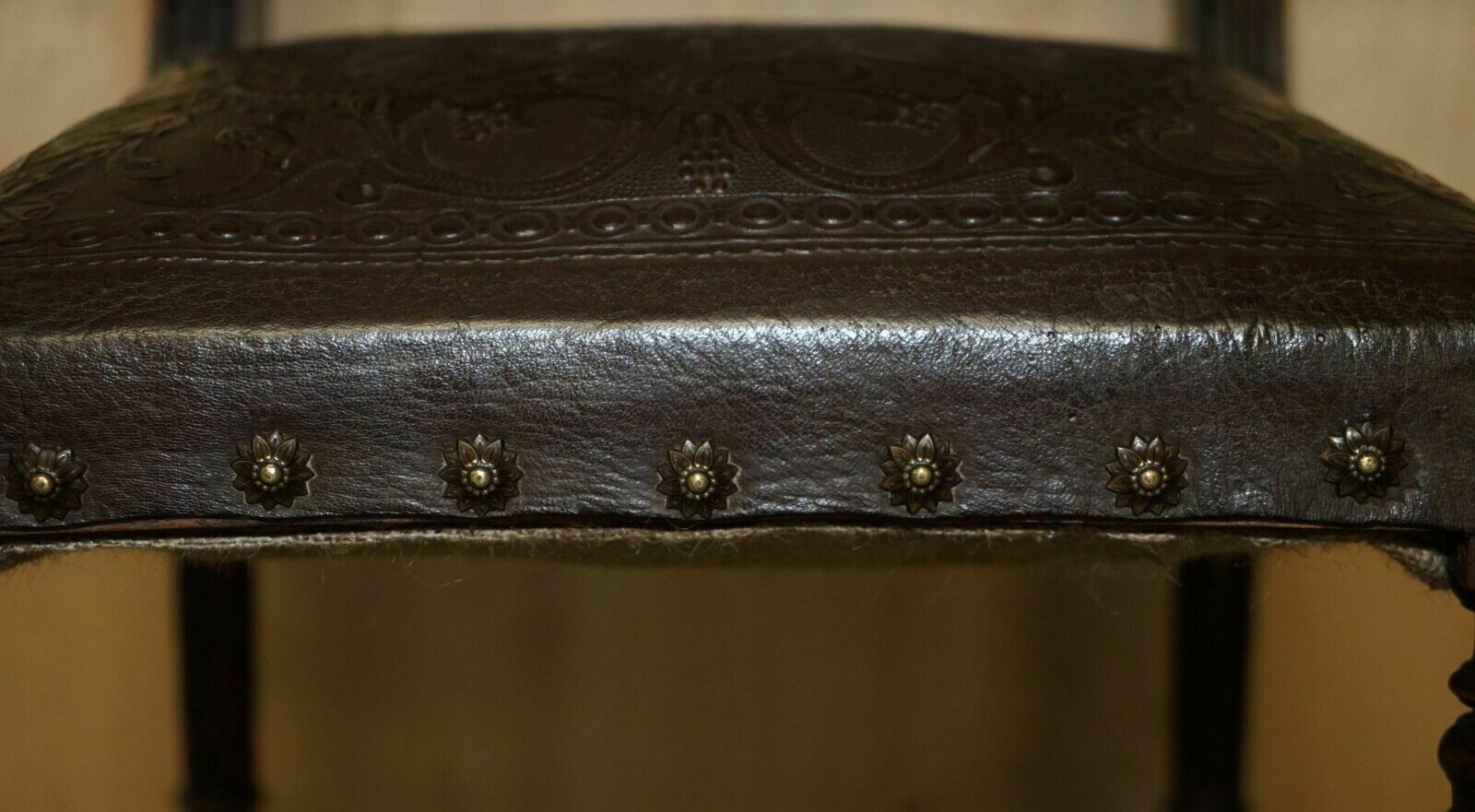 2850.0 Fine Set Of Six Henry II Circa 1880 French Oak & Embossed Leather Dining Chairs photo