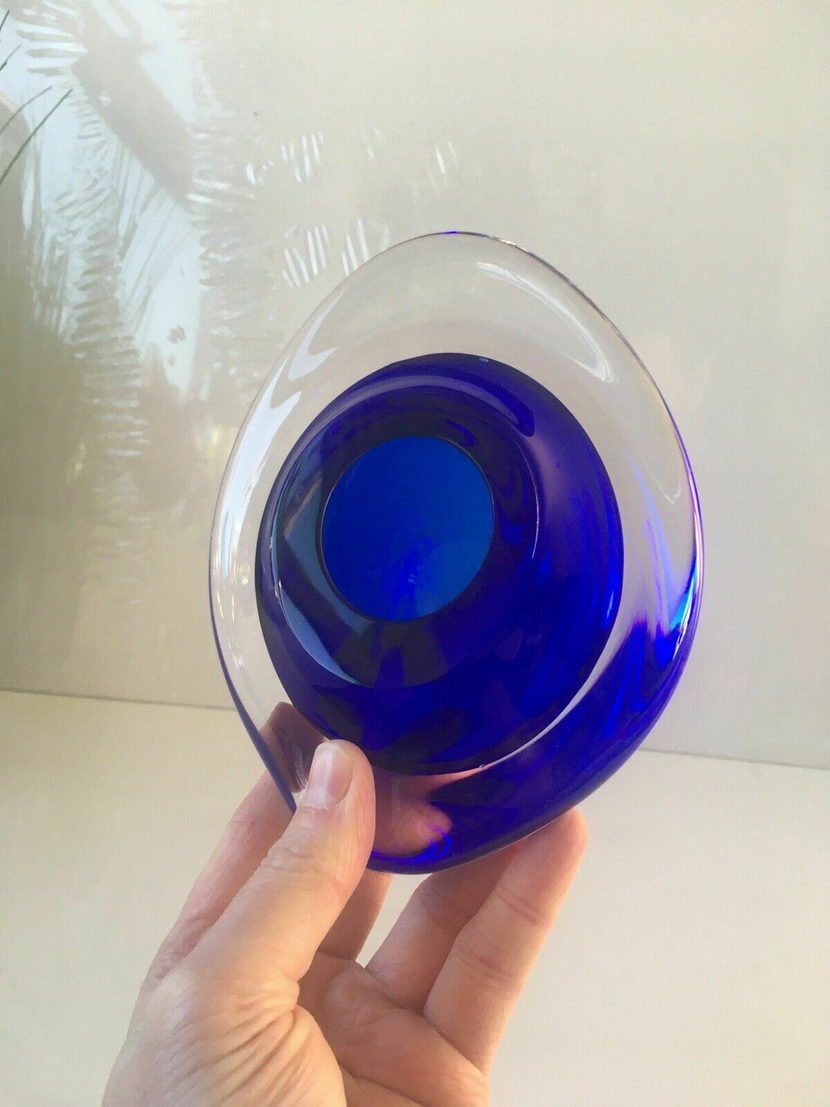 Mid Century Modern Signed Scandinavian Italian Blue Clear Art Glass Geode Bowl photo 50.0