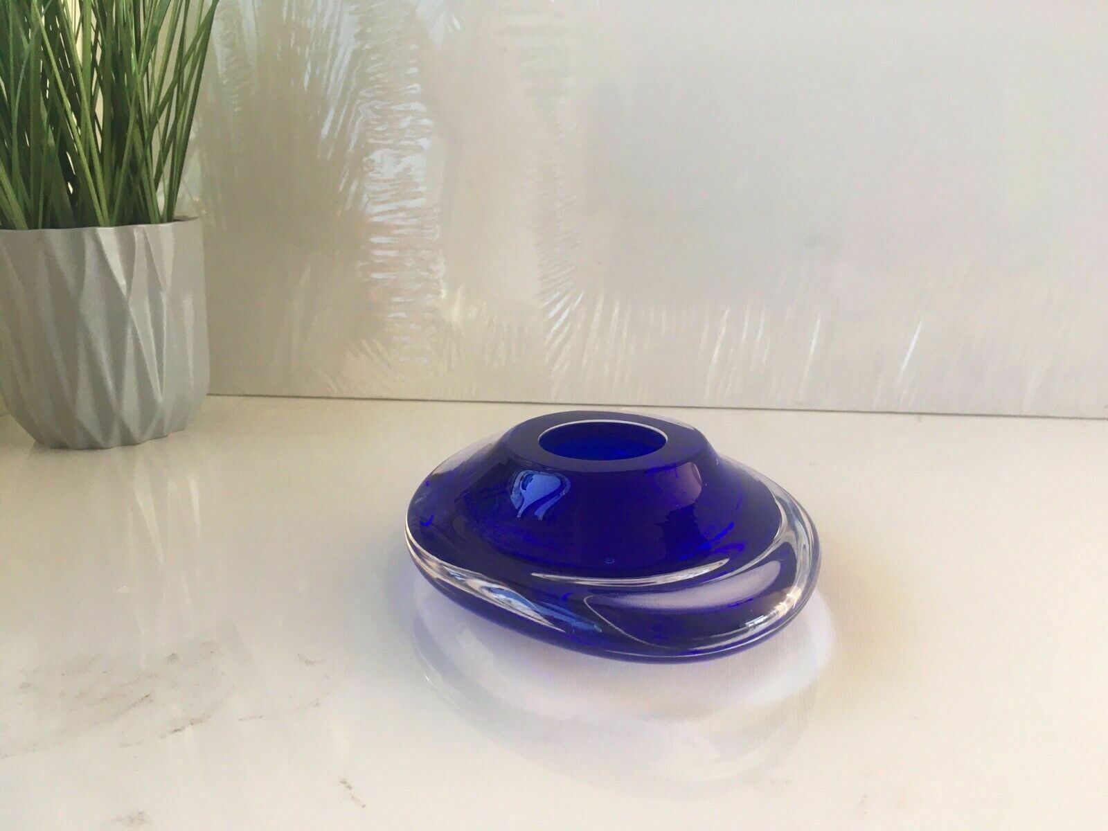 photo furniture Mid Century Modern Signed Scandinavian Italian Blue Clear Art Glass Geode Bowl