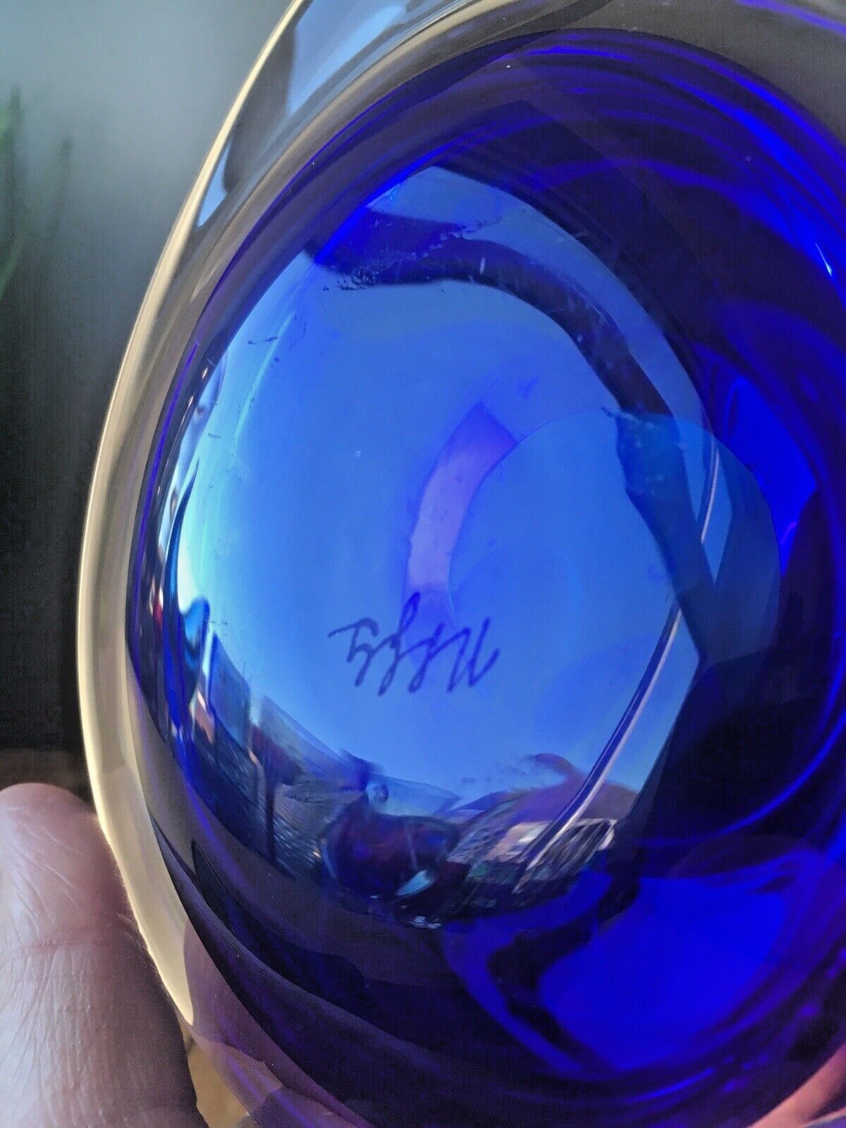 photo for sale Mid Century Modern Signed Scandinavian Italian Blue Clear Art Glass Geode Bowl