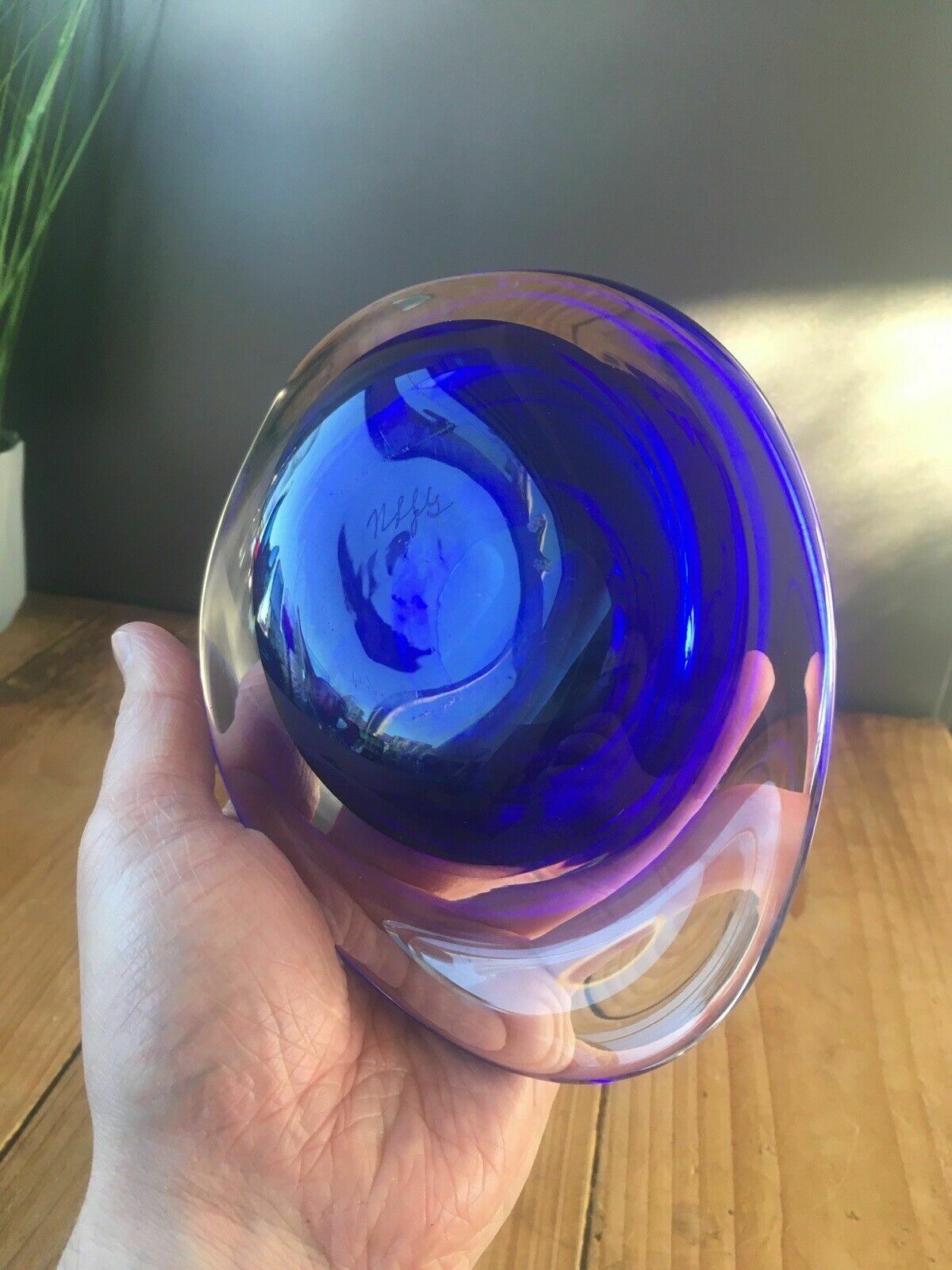photo buy Mid Century Modern Signed Scandinavian Italian Blue Clear Art Glass Geode Bowl
