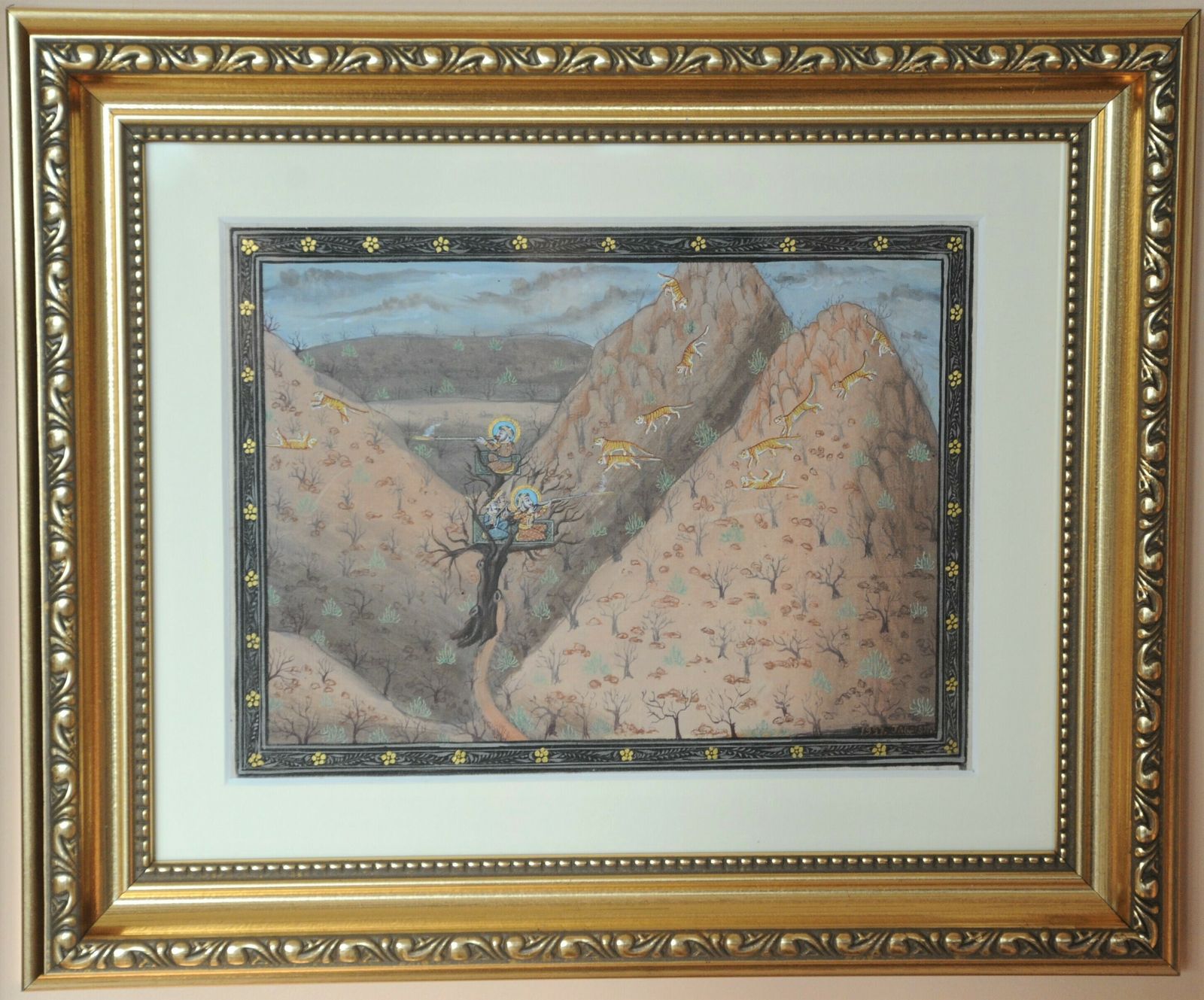 Vintage Pair Of Framed Indian Miniature Paintings In Rajasthani Mughal Style photo buy