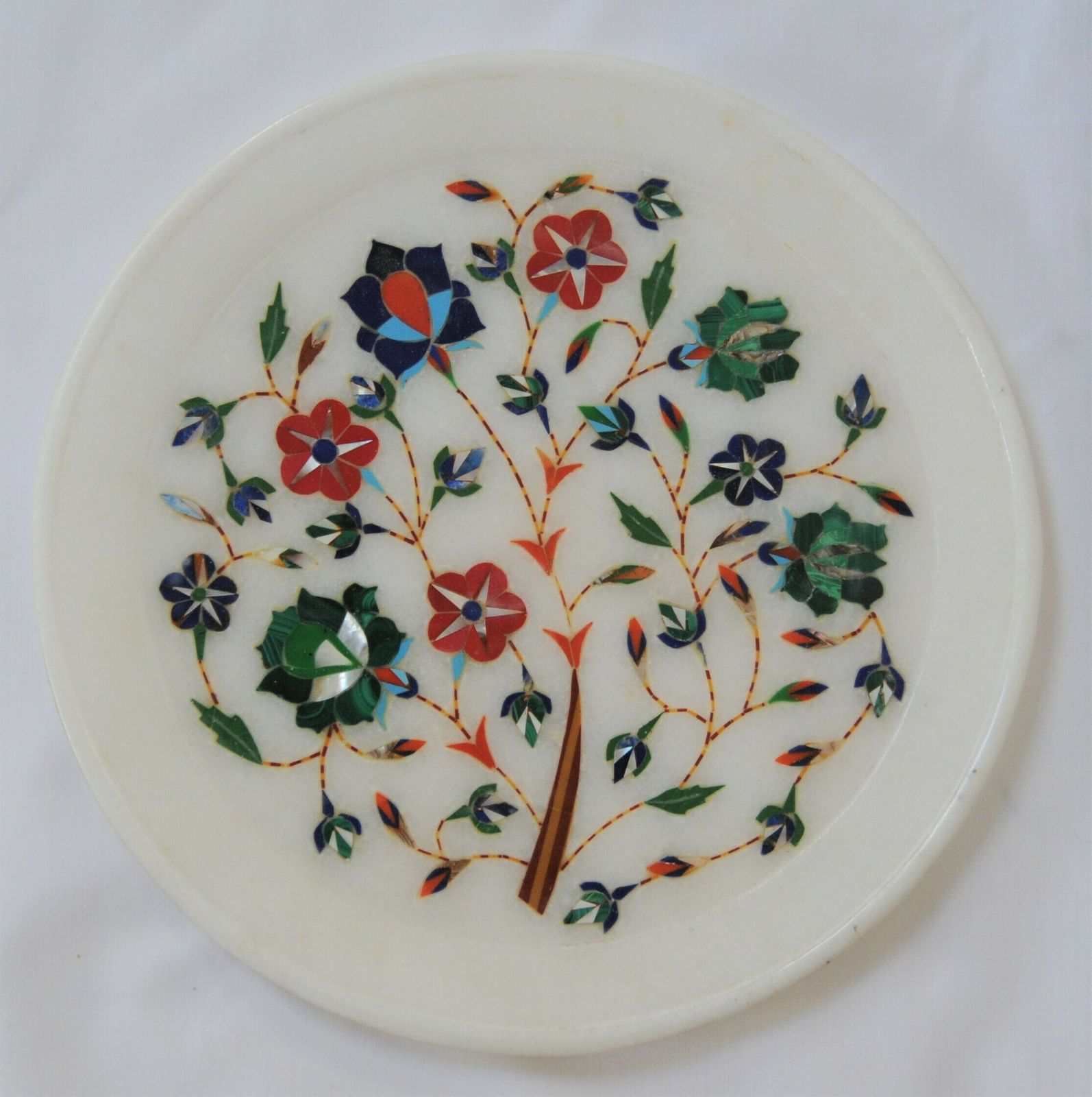 Vintage Indian Marble Plate With Precious Stone And Mother Of Pearl Inlay photo for sale