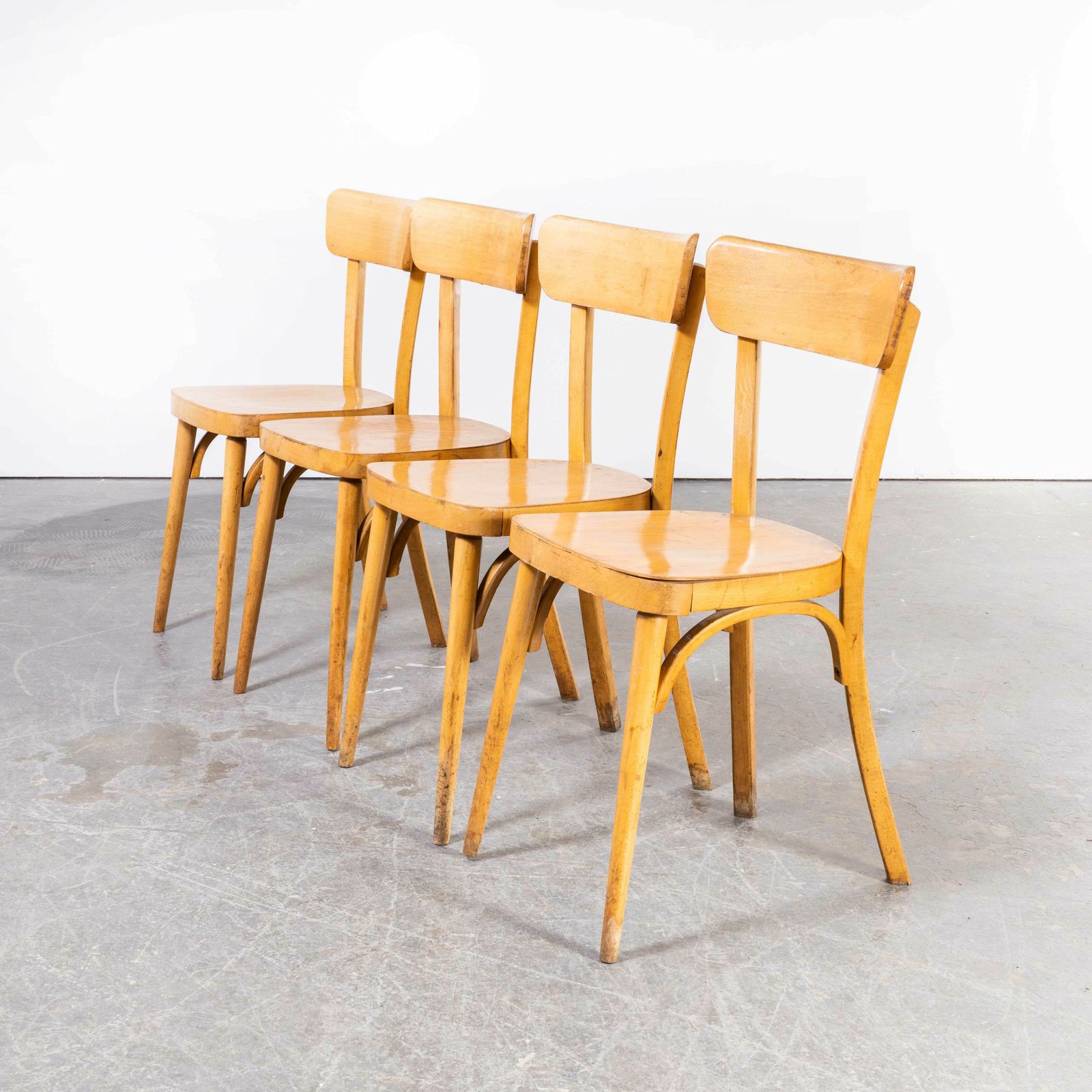 1950’s French Baumann Blonde Round Leg Bentwood Dining Chairs – Set Of Four