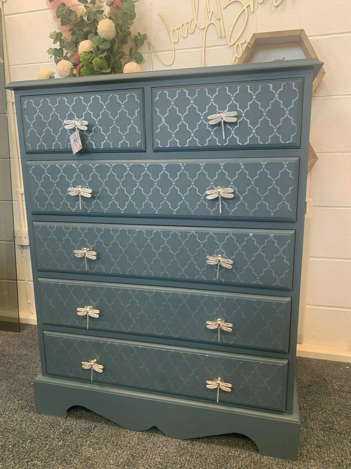 Large Chest Of Drawers Painted Blue Moroccan Silver Dragonfly Knobs Handles photo for sale