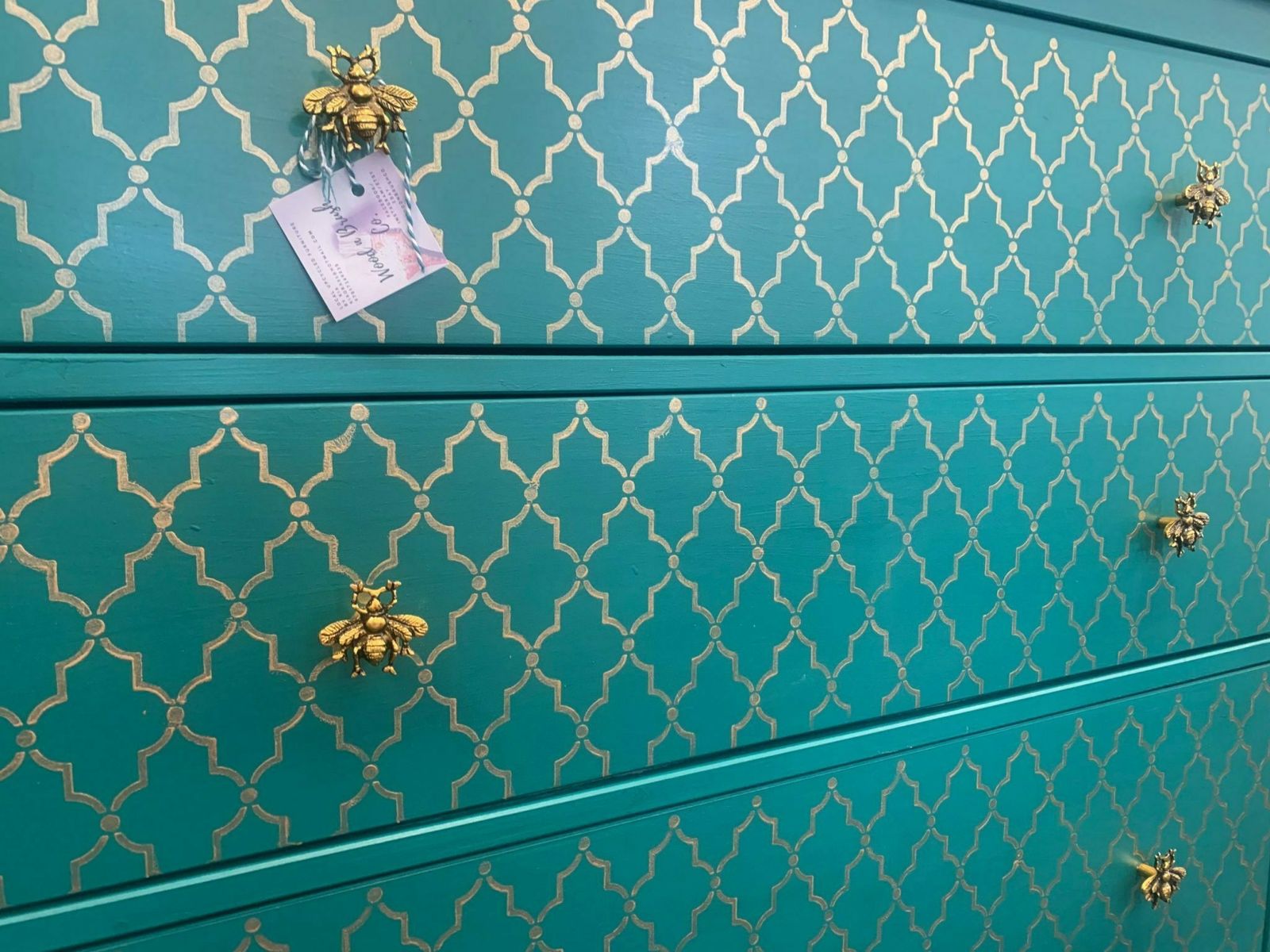 Large Chest Of Drawers Arabian Painted Bespoke Moroccan Geometric Bee Elephant Handles Stencilled photo for sale