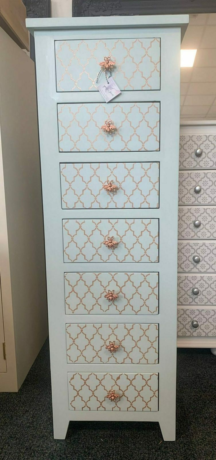 Tall Boy Chest Painted Bespoke Moroccan Geometric Bee Elephant Handles Stencilled