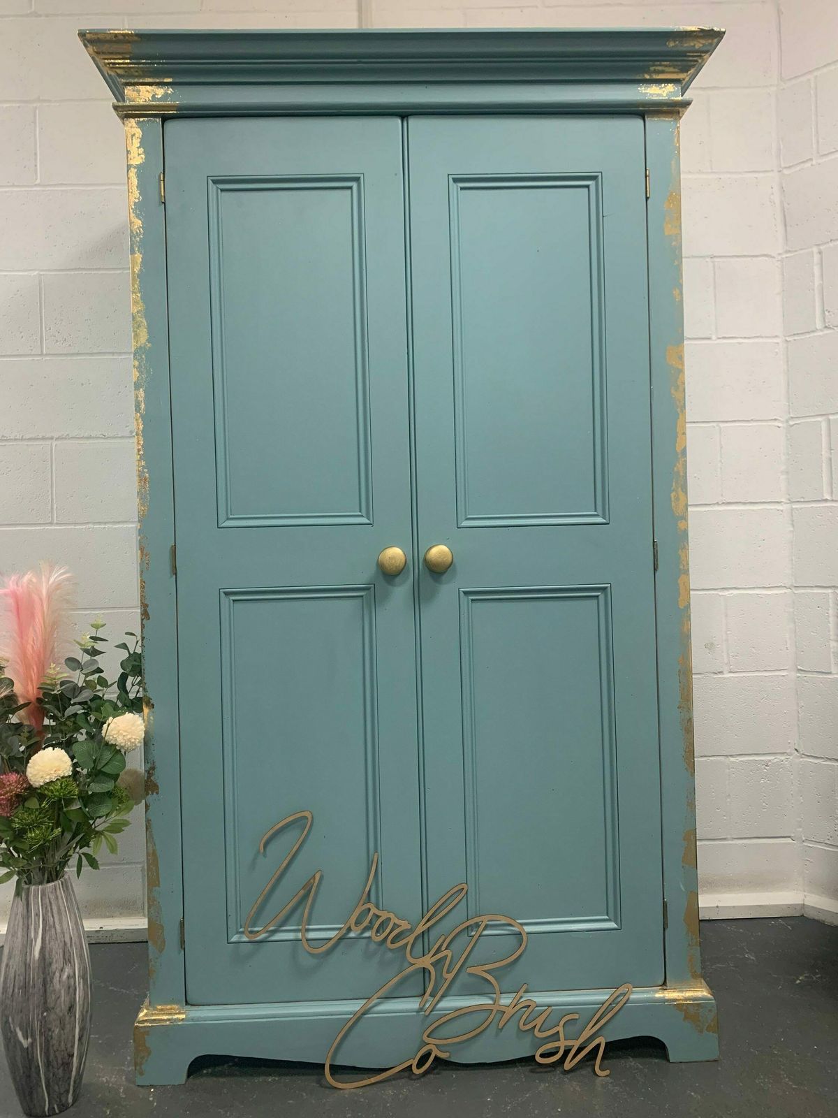 Custom Painted Bespoke Wardrobe Blue And Gold Leaf Effect photo furniture