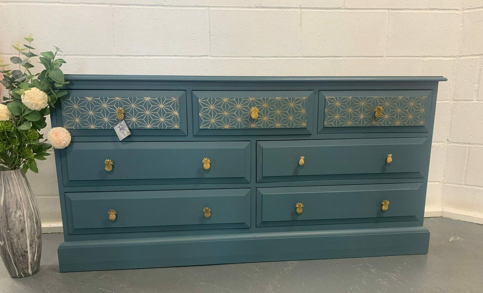 Large Chest Of Drawers Painted Bespoke Stencilled Upcycled Blue Gold Geometric