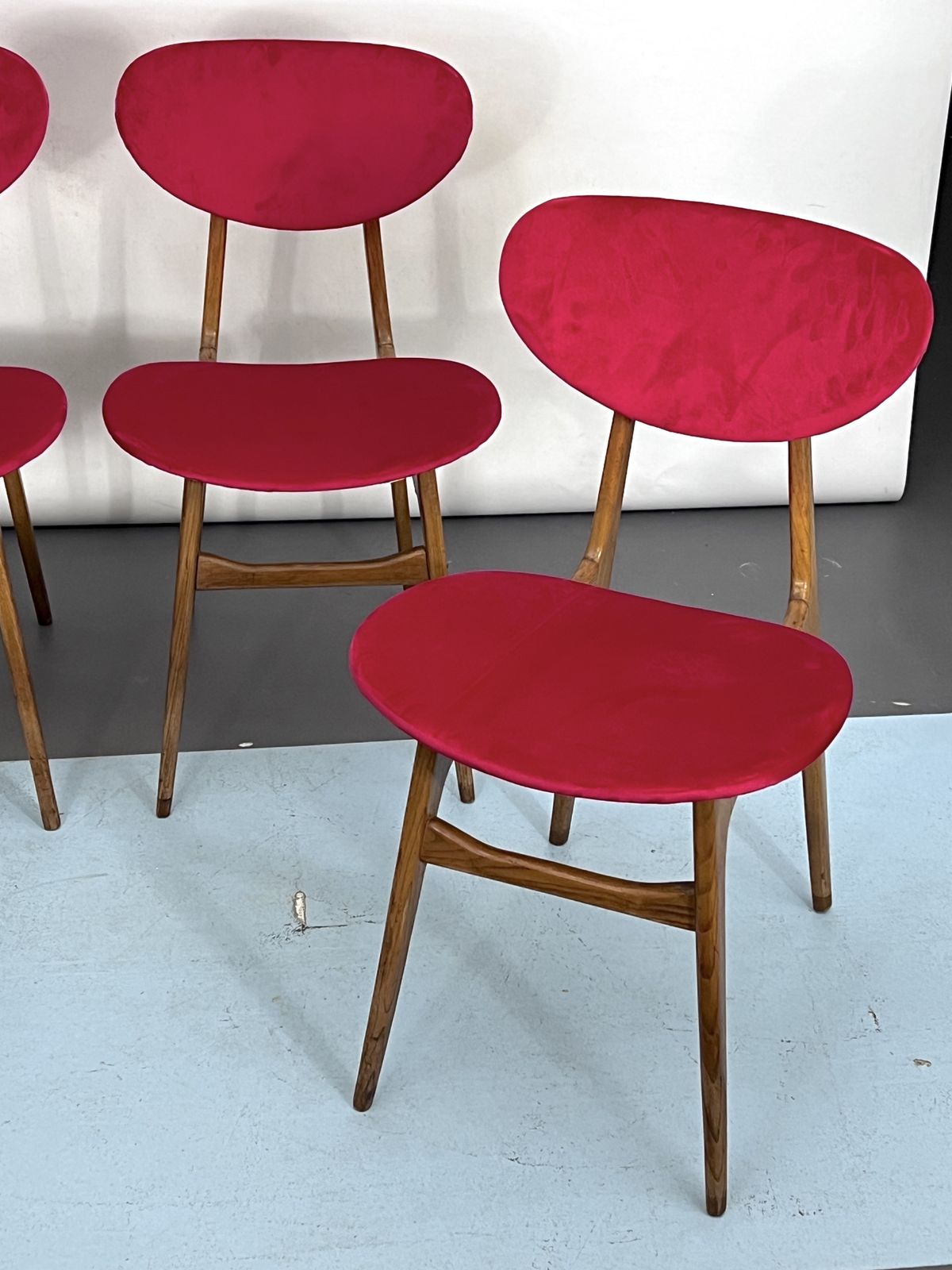 Mid Century Set Of Four Red Velvet And Wood Dining Chairs. Italy 1950s photo for sale