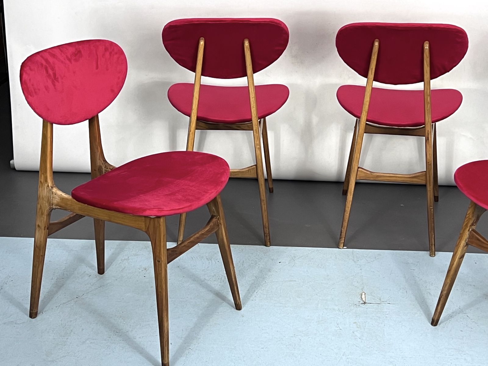 Mid Century Set Of Four Red Velvet And Wood Dining Chairs. Italy 1950s photo vinterior