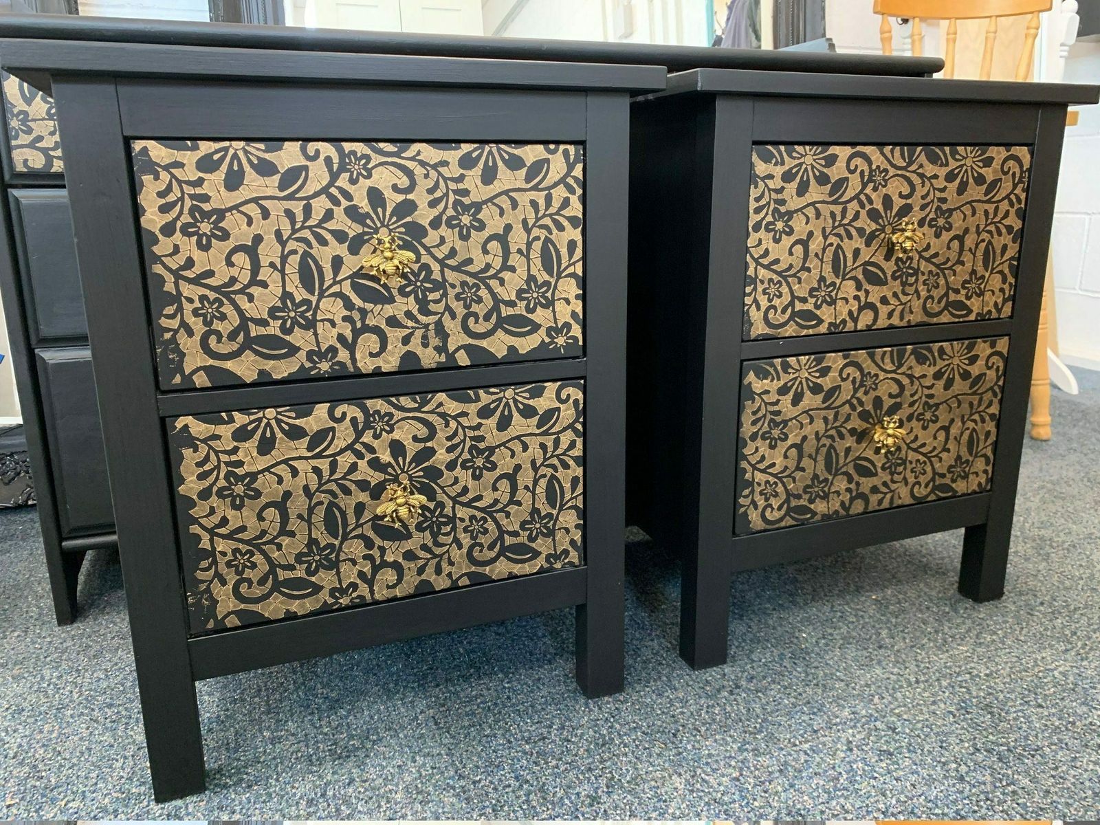 Pair Of Bedside Tables Painted Bespoke Moroccan Geometric Art Deco Gold Leaf Bee Elephant Handles Stencilled photo for sale