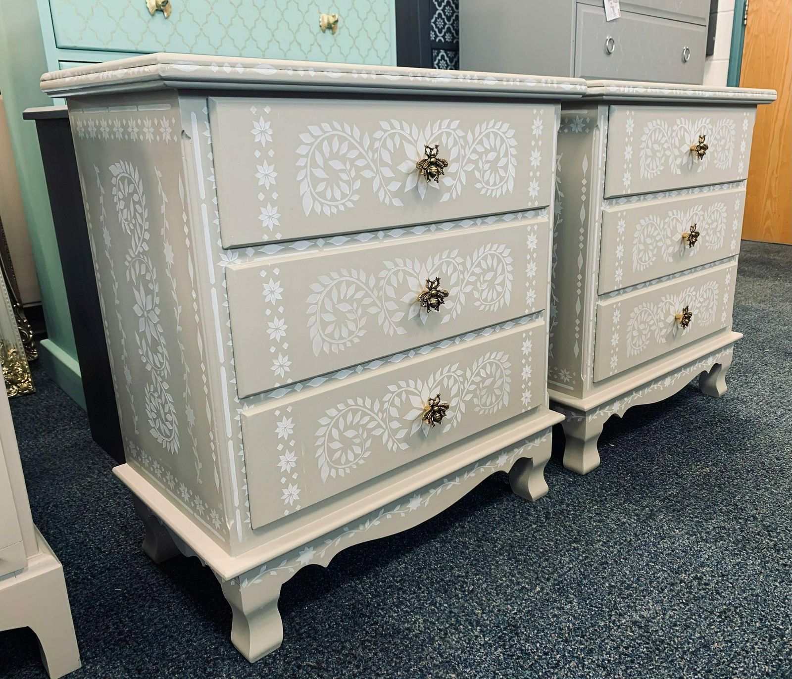 Chest Of Drawers Painted Bespoke Moroccan Geometric Bee Elephant Handles Stencilled photo vinterior