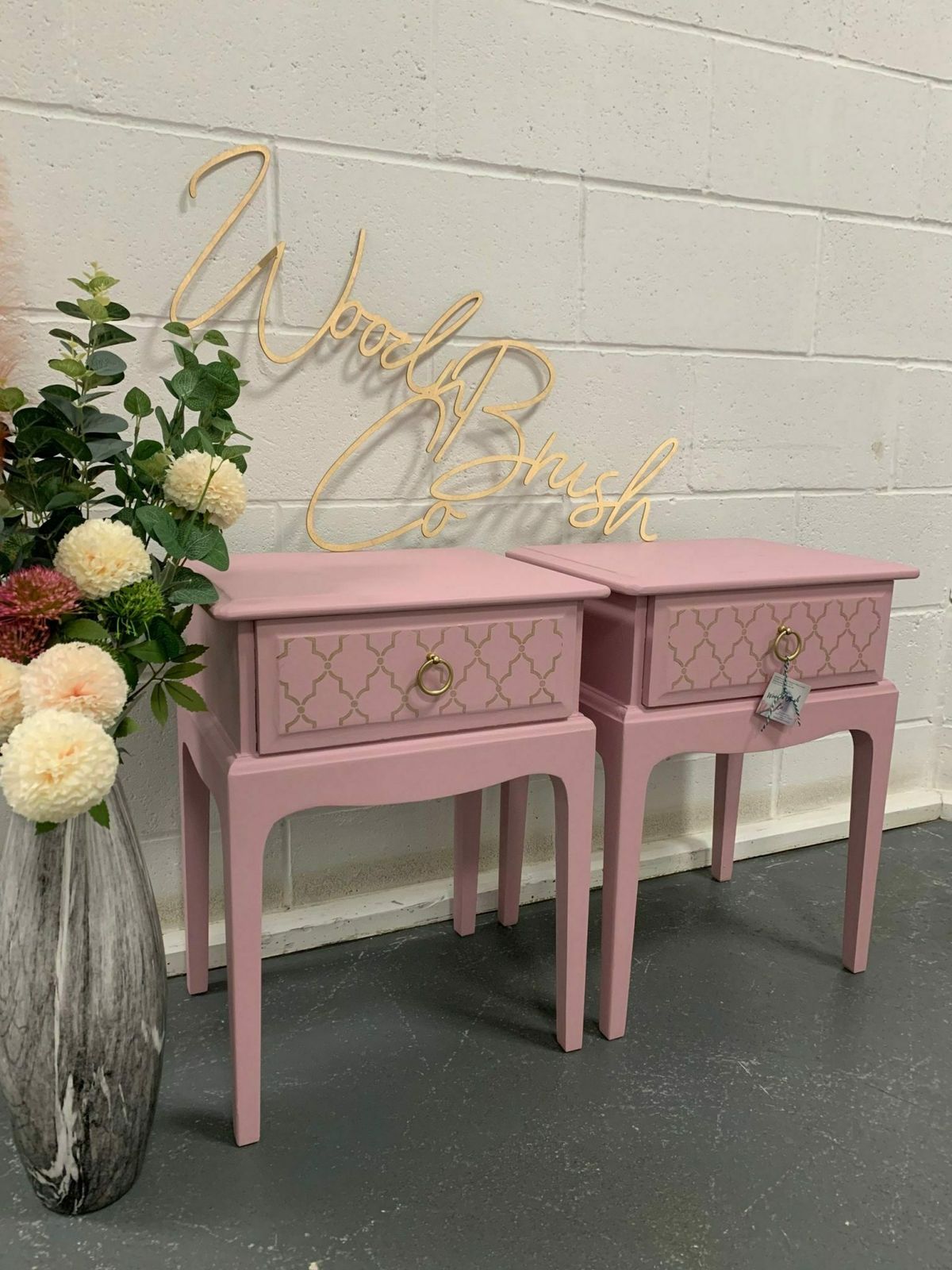 Stag Minstrel Pair Bedside Tables Pink With Gold Painted Stencil  Custom You Choose Your Colours And Design photo for sale