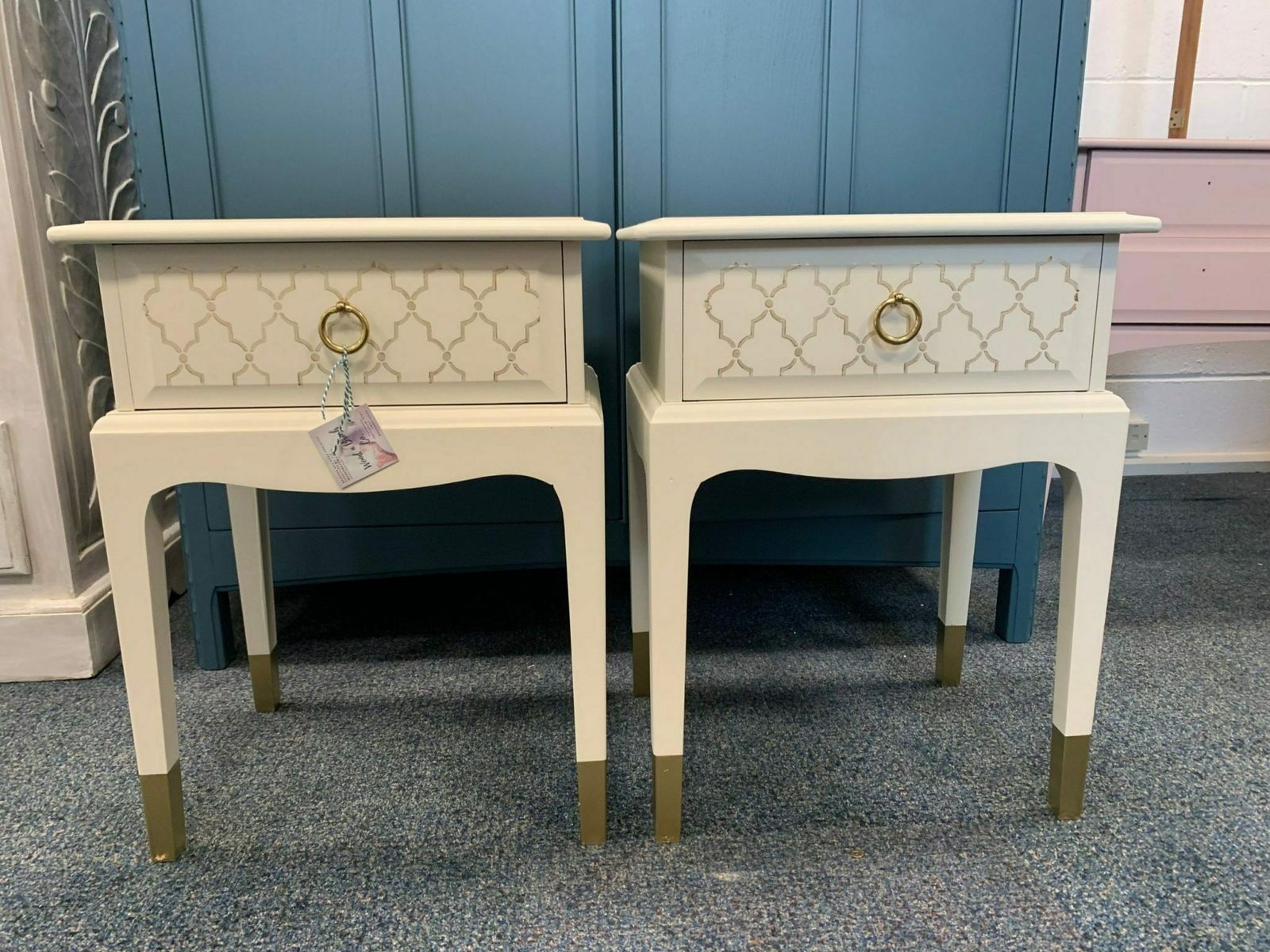 Stag Minstrel Pair Bedside Tables Painted Bespoke Moroccan Geometric Cream With Gold Leaf Bee Elephant Handles Stencilled