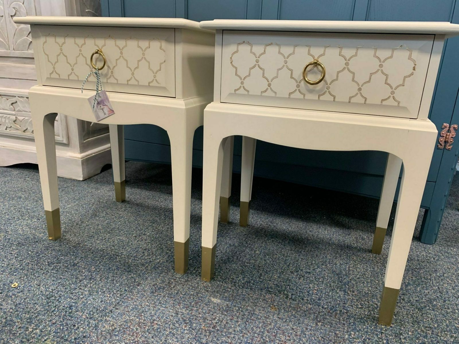 Stag Minstrel Pair Bedside Tables Painted Bespoke Moroccan Geometric Cream With Gold Leaf Bee Elephant Handles Stencilled photo furniture