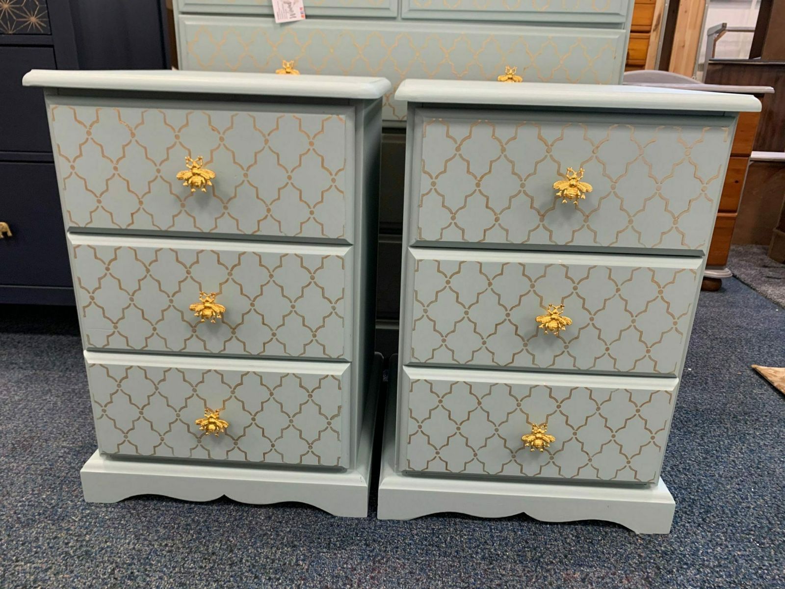 Pair Of Bedside Tables Painted Bespoke Moroccan Geometric Art Deco Gold Leaf Bee Elephant Handles Stencilled