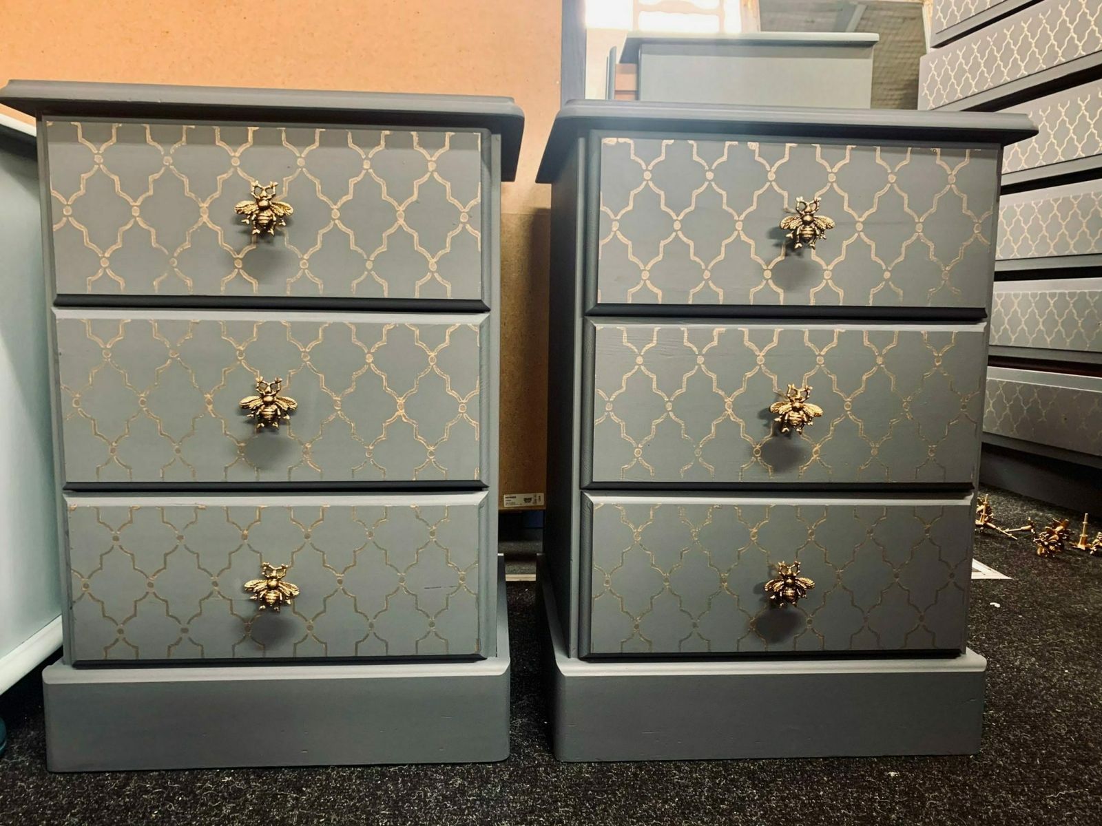 Pair Of Painted Bedside Tables Grey And Gold Morrocan Bee Knobs photo furniture