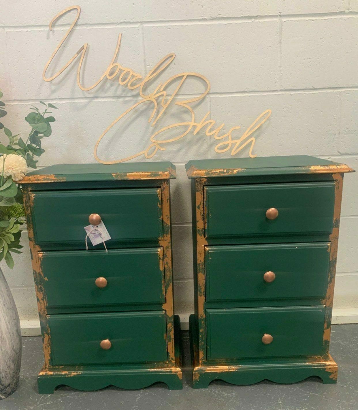 Pair Of Bedside Tables Painted Green Copper Leaf
