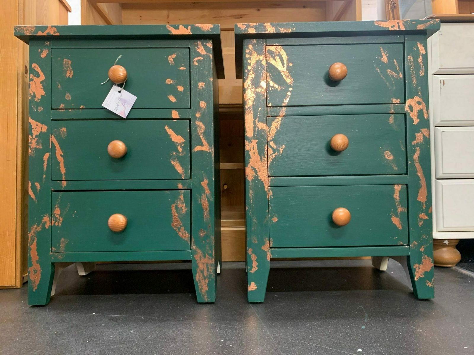 Pair Of Bedside Tables Painted Green Copper Leaf photo furniture