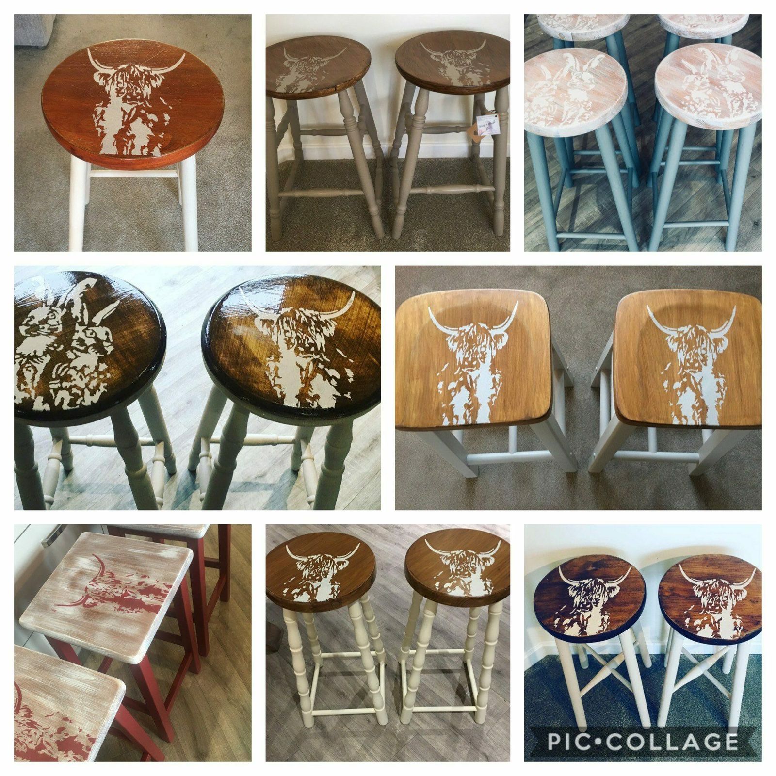 Pair Of Bar Stools Wooden Painted Bespoke Stencilled