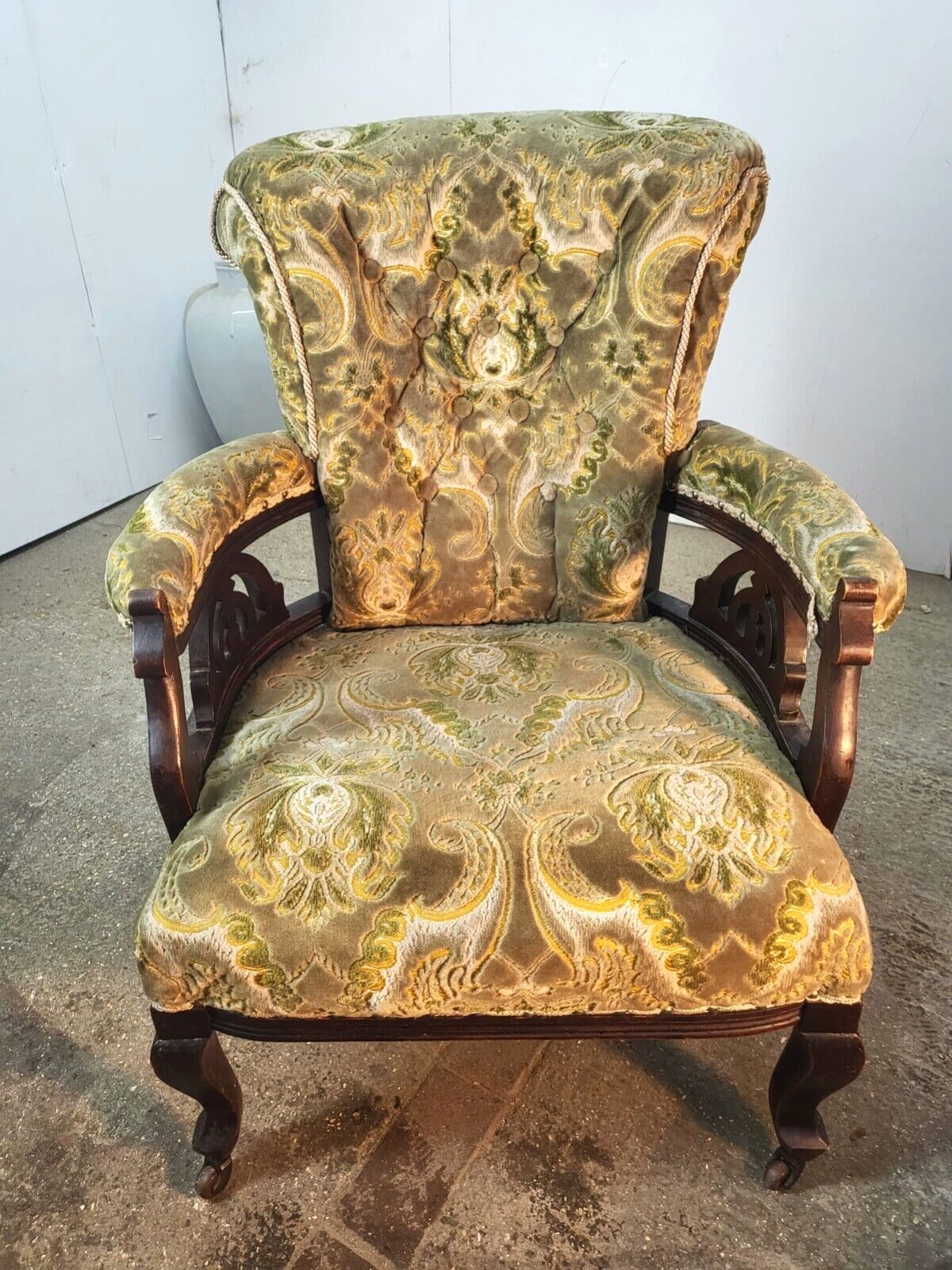 Antique Victorian Open Wood Frame Armchair Curved Back Green Floral Cabriole Leg photo furniture